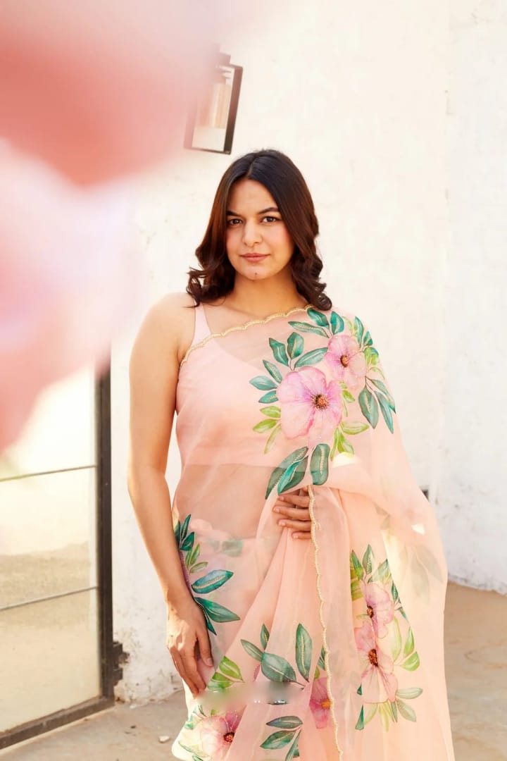 One Minute Ready To Wear Pure Soft Organza Silk Baby Pink Saree With Moti and Val Work With Same Handworked Stiched Blouse