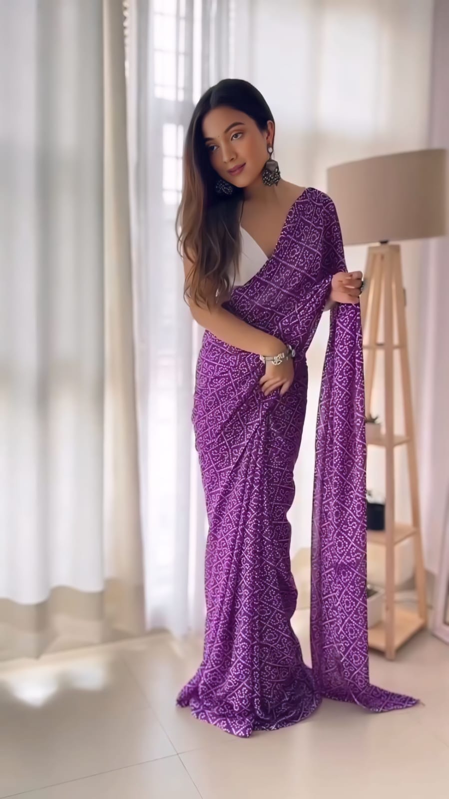 New One Minute Ready To Wear Pure Soft Georgette Silk Bandhani Designed Purple Saree With Same Model Unstiched Blouse Piece