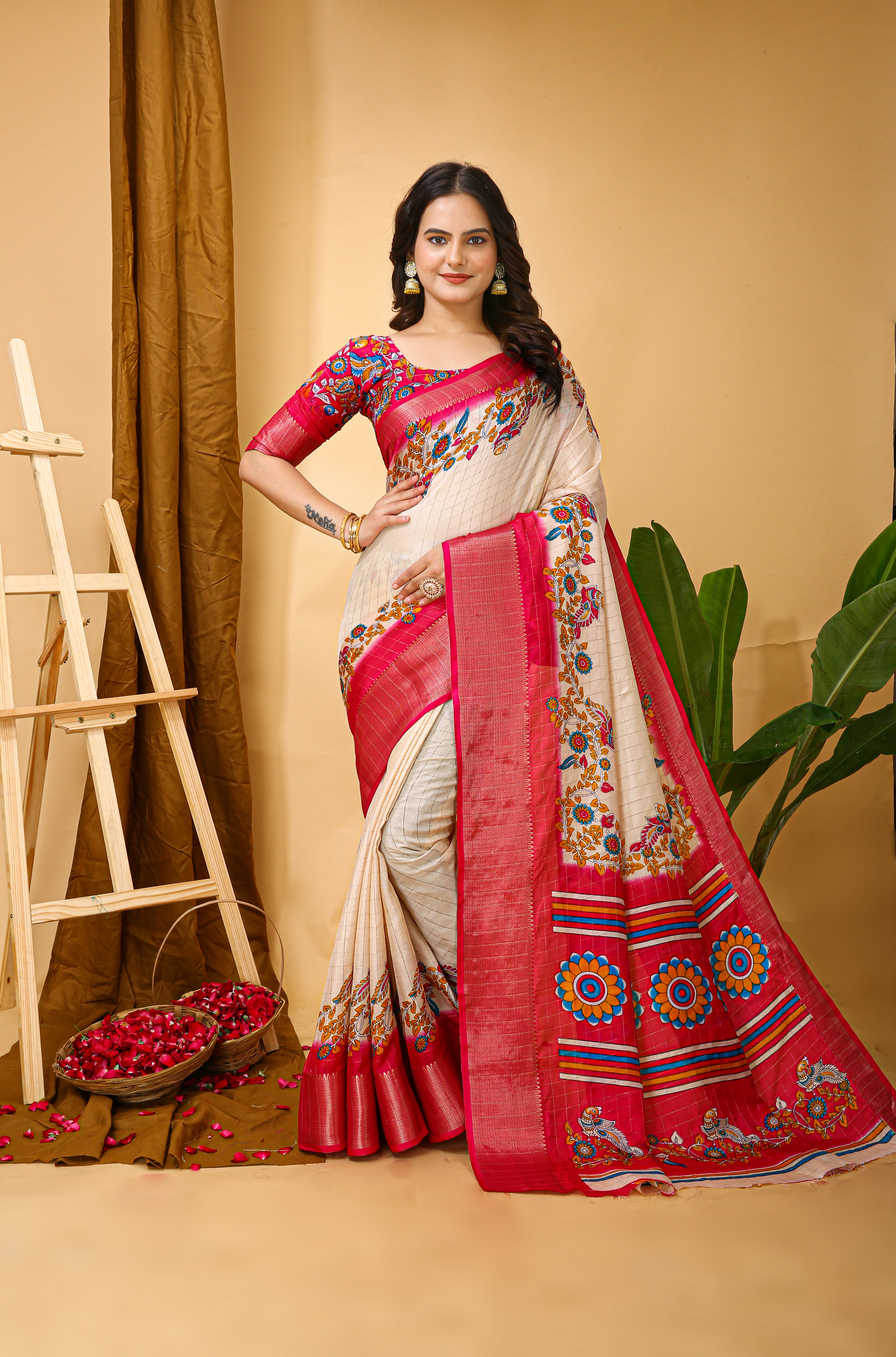 New Fancy Kalamkari Print & Jecard Kanjivaram Zari Boder White Saree With Unstiched Blouse