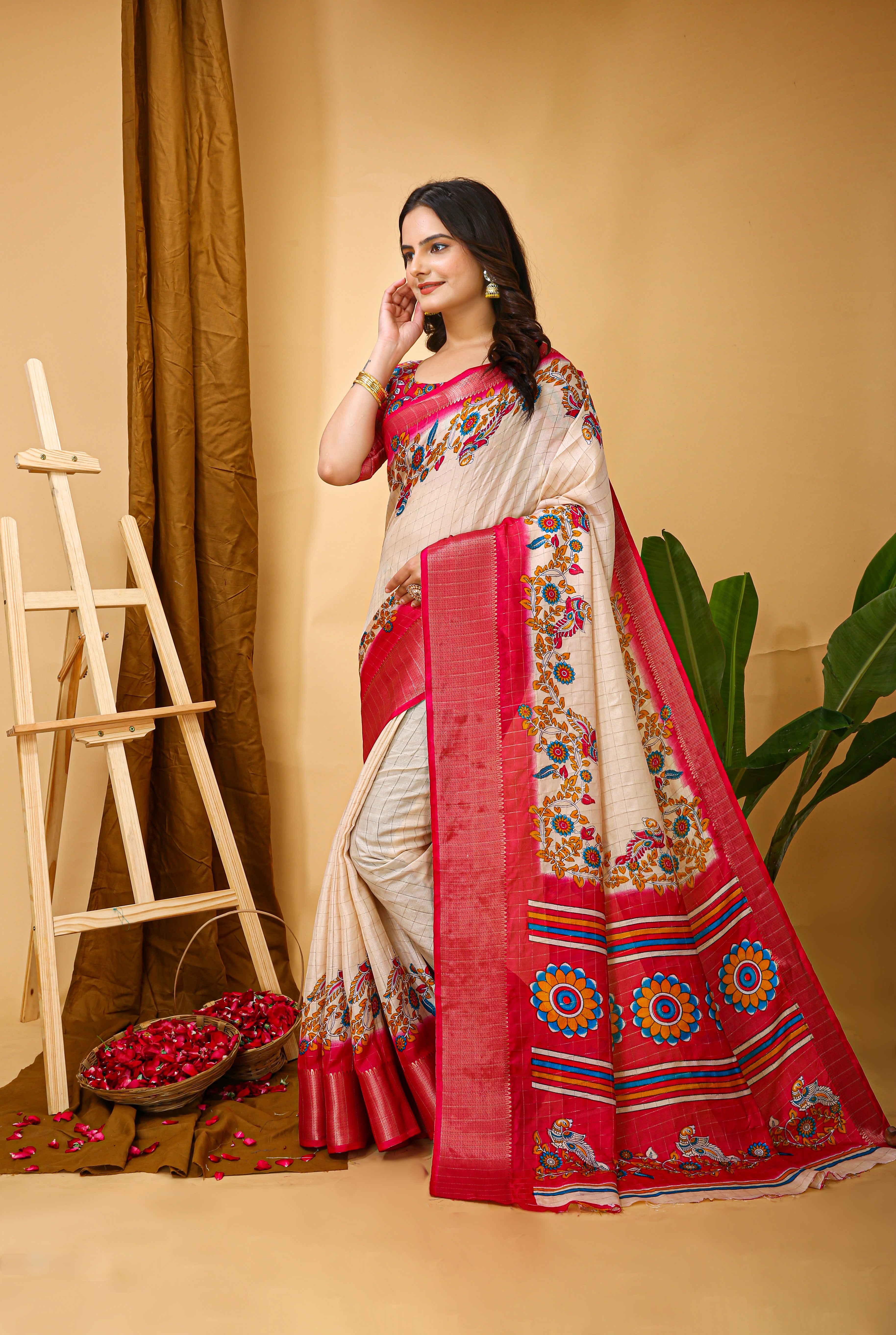 New Fancy Kalamkari Print & Jecard Kanjivaram Zari Boder White Saree With Unstiched Blouse