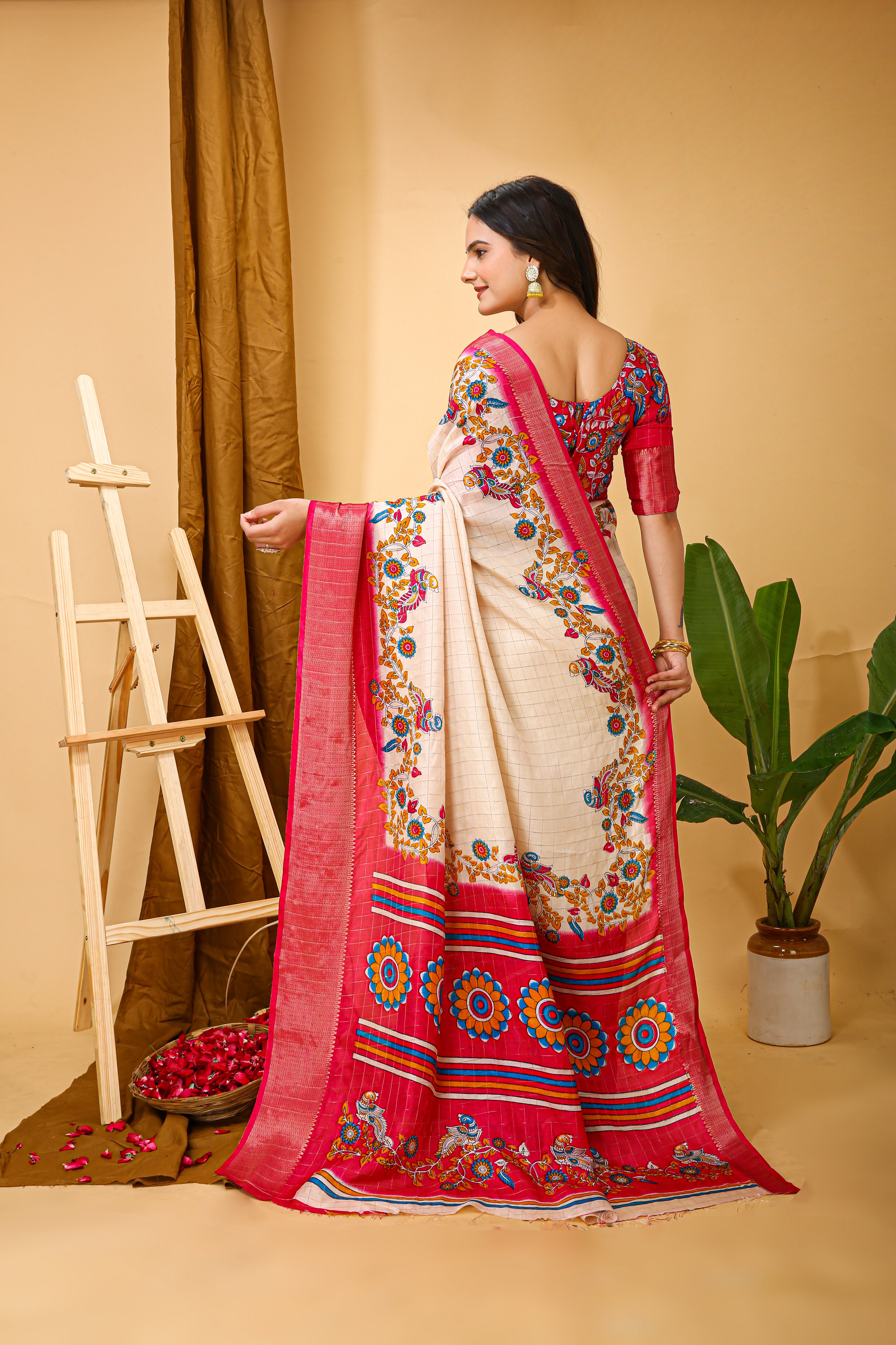 New Fancy Kalamkari Print & Jecard Kanjivaram Zari Boder White Saree With Unstiched Blouse