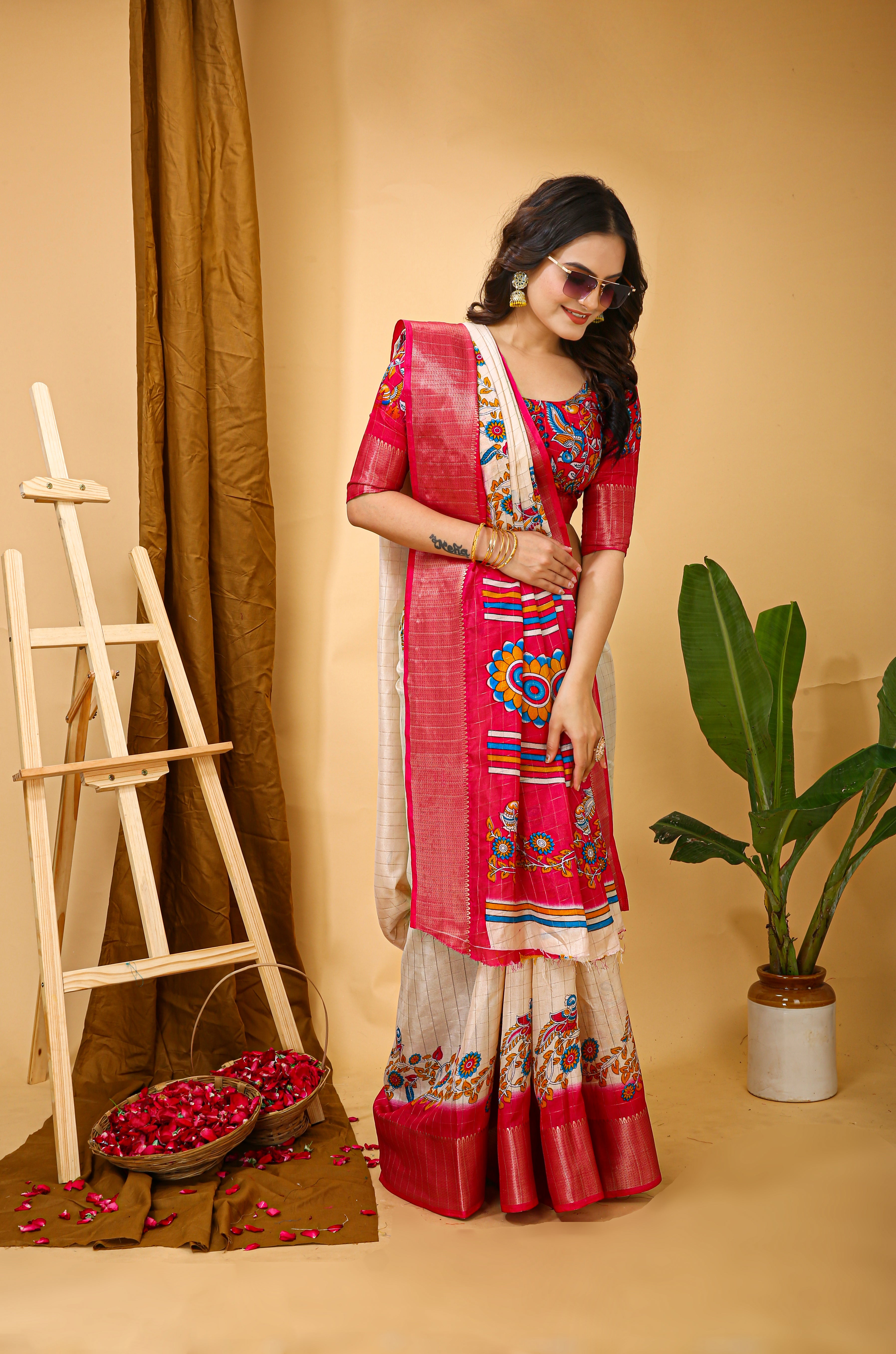 New Fancy Kalamkari Print & Jecard Kanjivaram Zari Boder White Saree With Unstiched Blouse