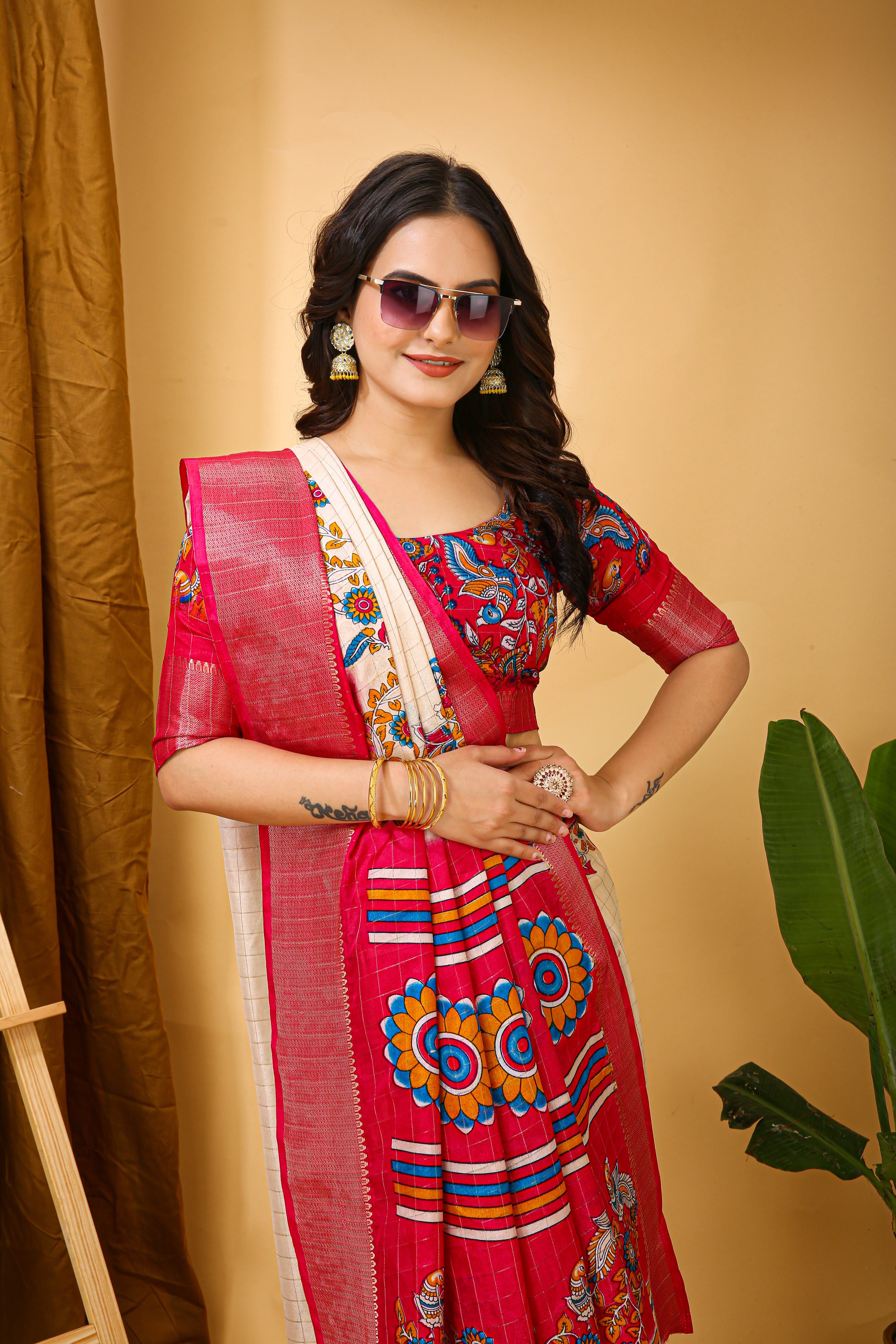 New Fancy Kalamkari Print & Jecard Kanjivaram Zari Boder White Saree With Unstiched Blouse