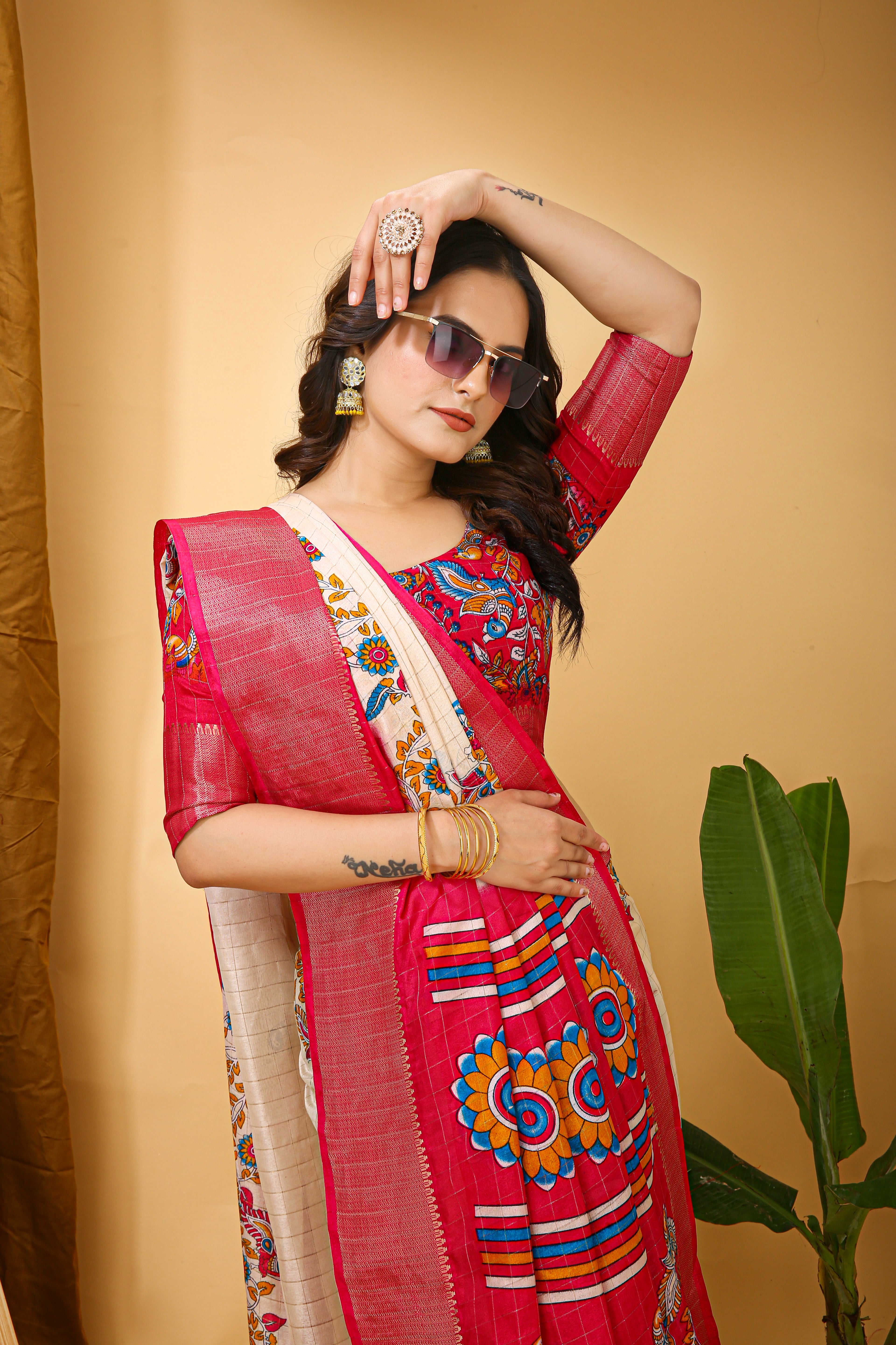 New Fancy Kalamkari Print & Jecard Kanjivaram Zari Boder White Saree With Unstiched Blouse