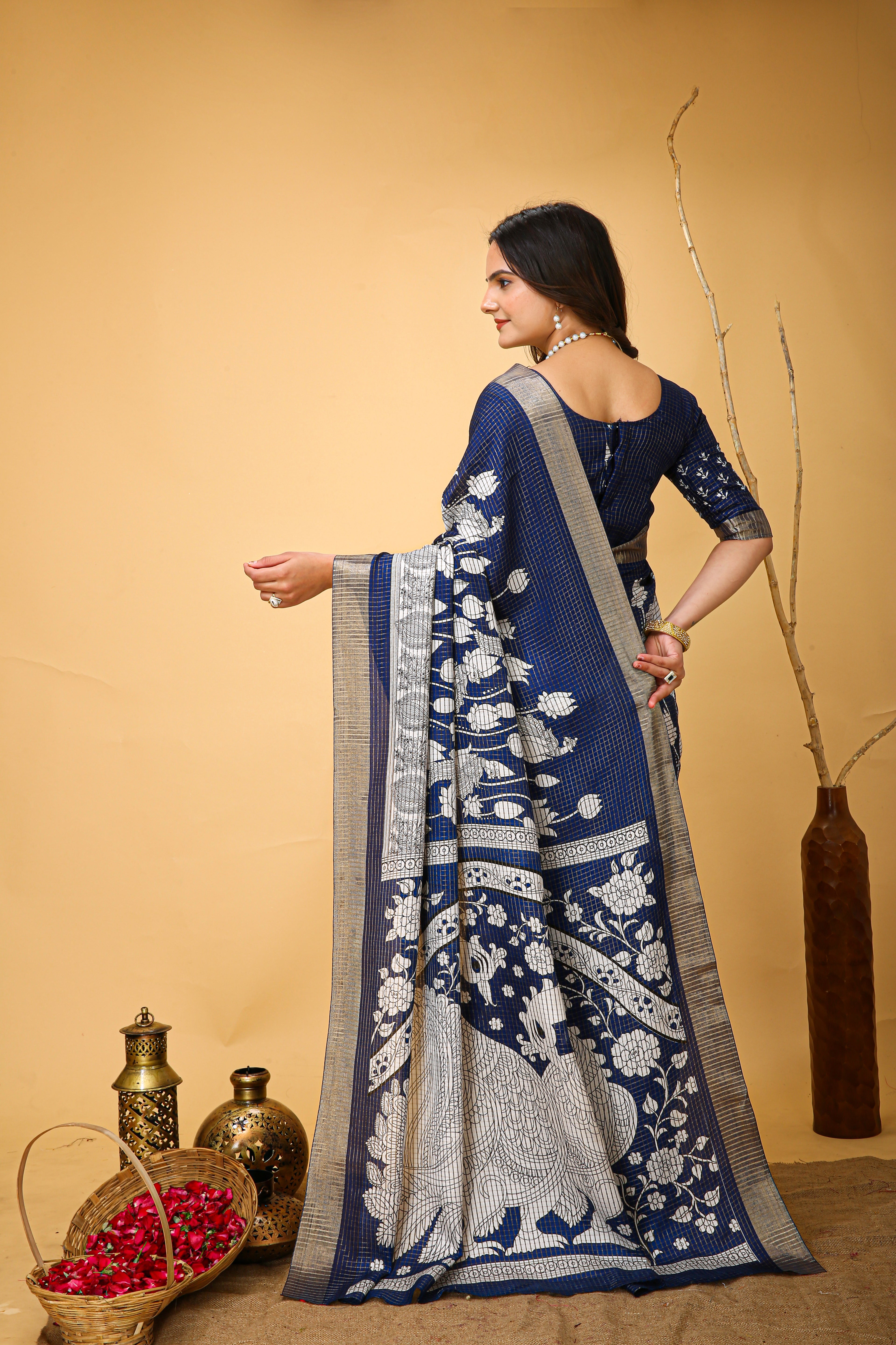 New Fancy Kalamkari Print And Jecard Kanjivaram Zari Border Soft Cotton Navy Blue Saree With Unstiched Blouse