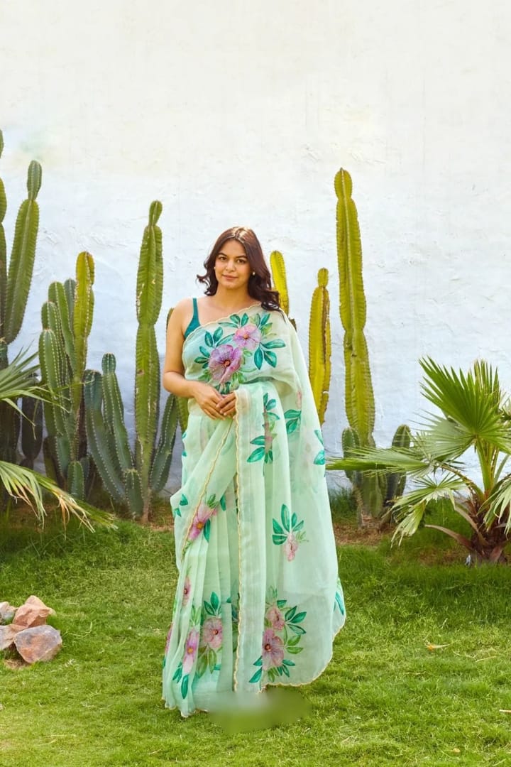One Minute Ready To Wear Pure Soft Organza Silk Pastel Green Saree With Moti and Val Work With Same Handworked Stiched Blouse