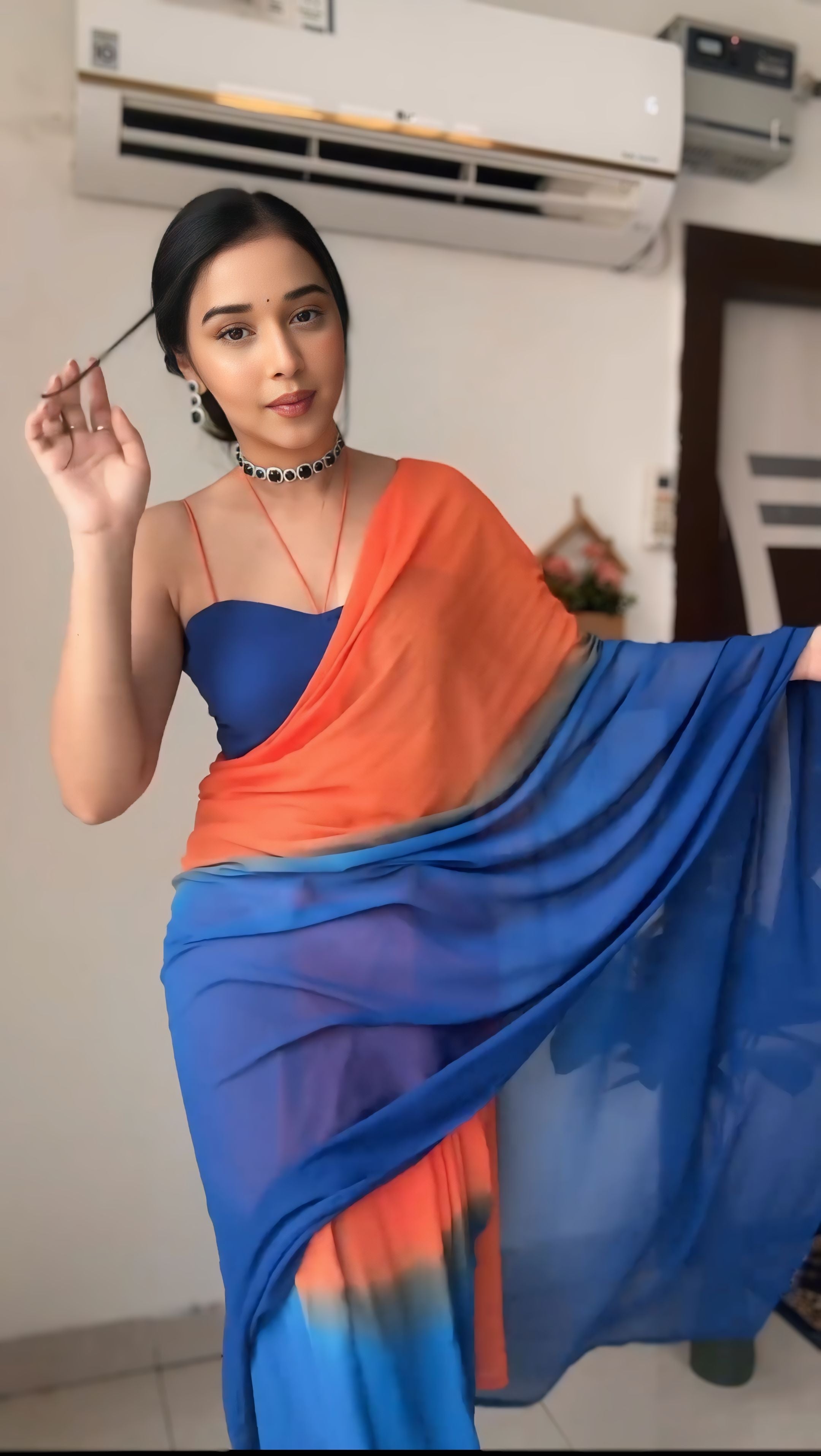 One Minute Ready To Wear Blue Drapes Silk Printed Saree