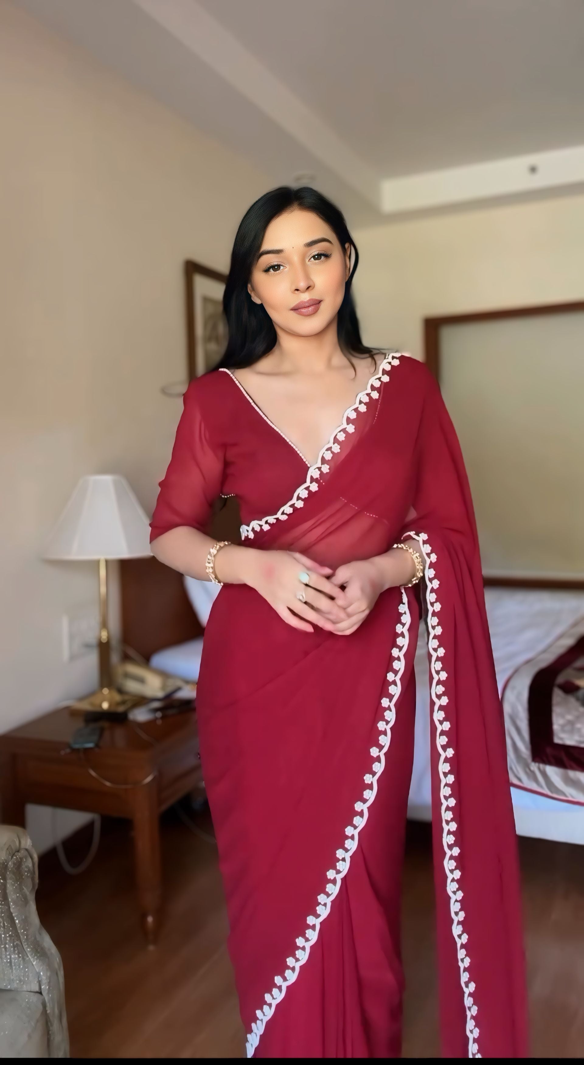 One Minute Ready To Wear Maroon Majesty Silk Printed Saree