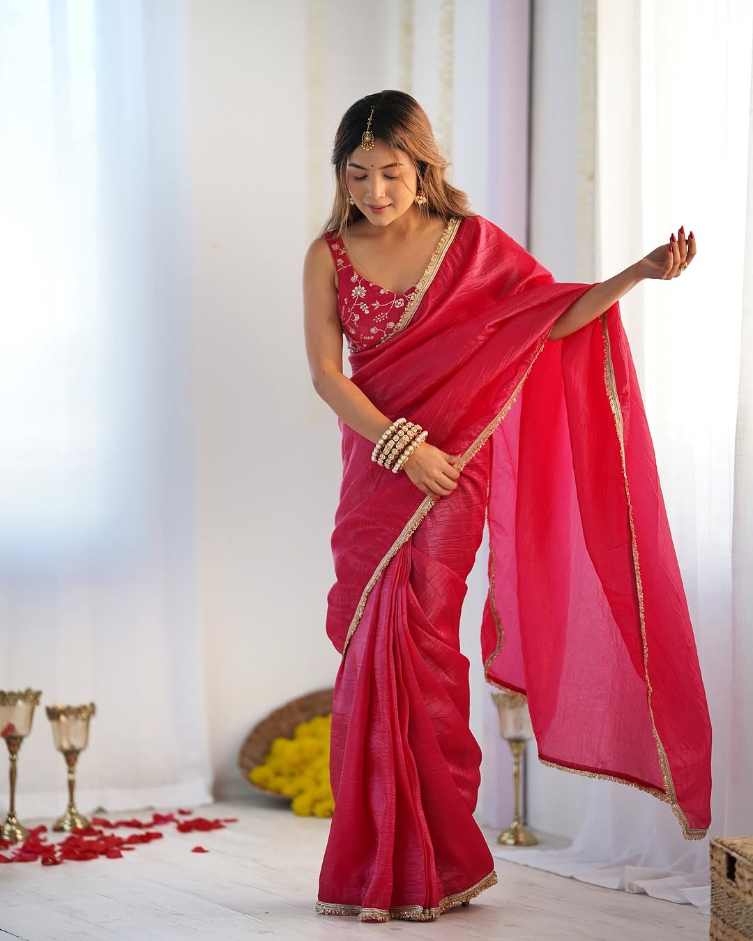New One Minute Ready To Wear Pure Soft Gold Crush Silk Pink Saree With Beautiful Gold Colour Lace Border With Same Design Full Stiched Blouse