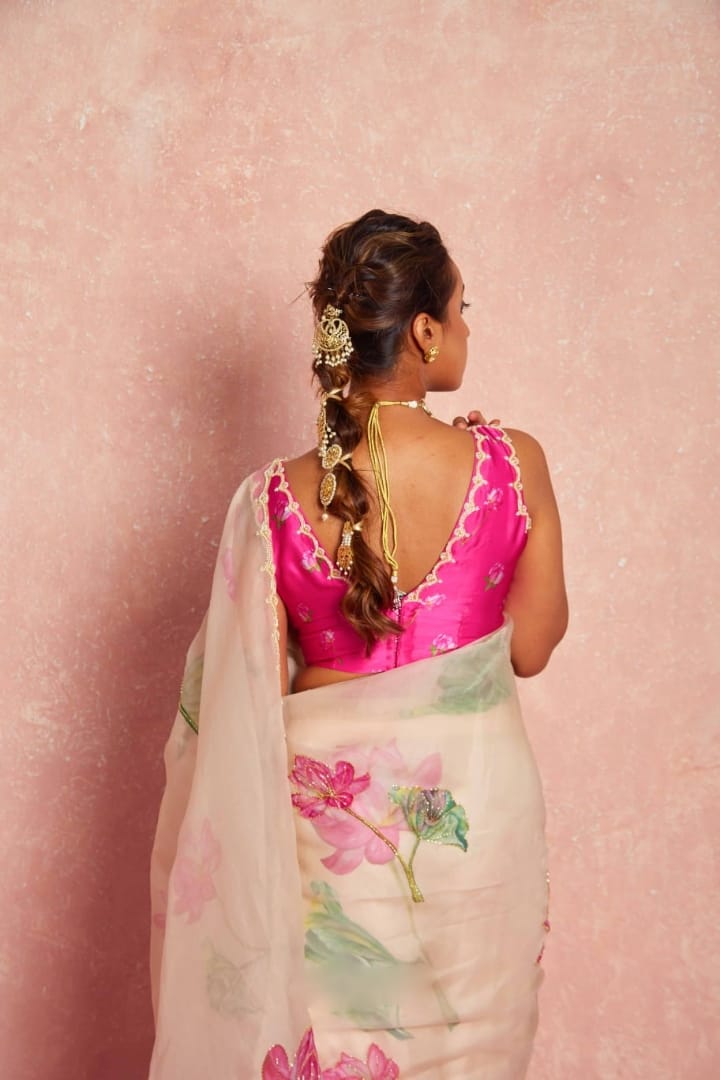 One Minute Ready To Wear Pure Soft Organza Silk Saree With Moti and Val Work With Same Handworked Stiched Blouse