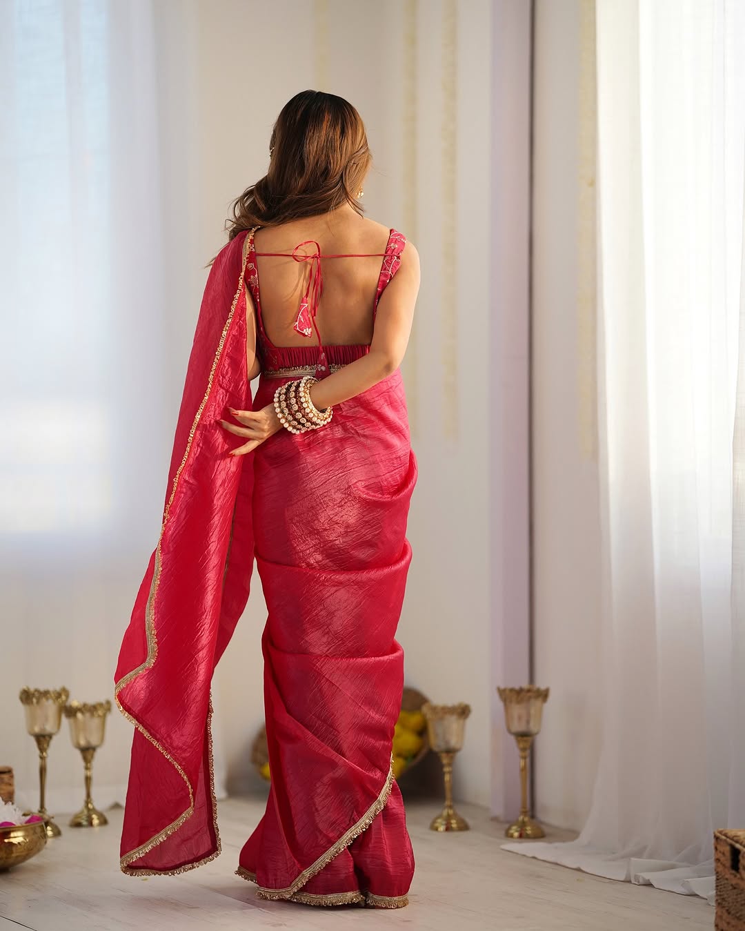 New One Minute Ready To Wear Pure Soft Gold Crush Silk Pink Saree With Beautiful Gold Colour Lace Border With Same Design Full Stiched Blouse