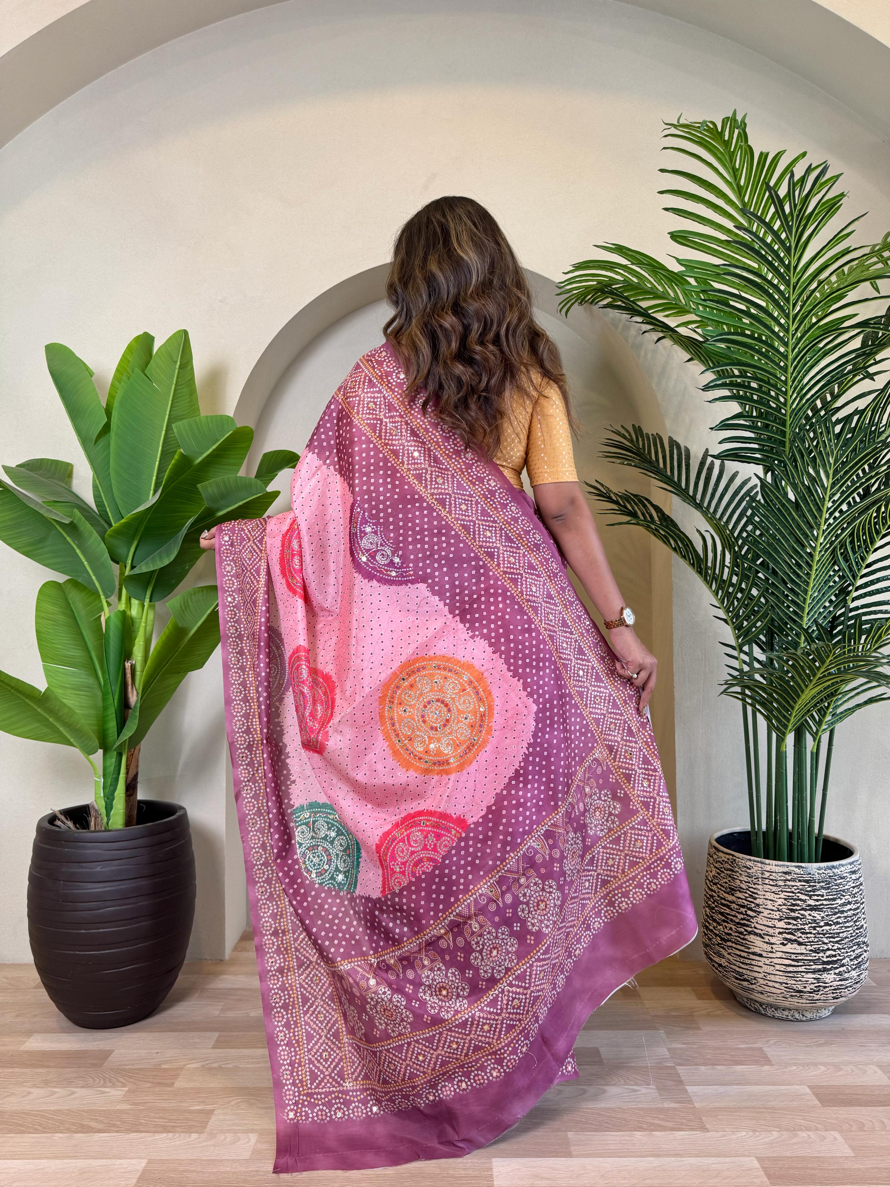 New Designer Tissue Silk Weaving Pink-Purple Shade Saree With Contras Printed Embroidery Work Unstiched Blouse Piece