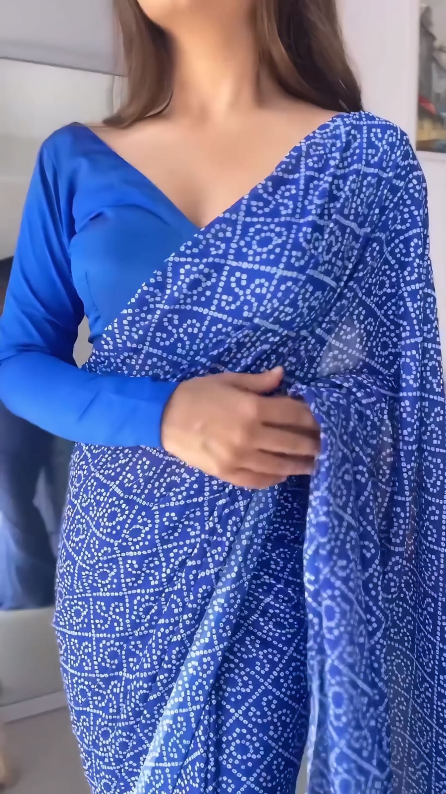 New One Minute Ready To Wear Pure Soft Georgette Silk Bandhani Designed Blue Saree With Same Model Unstiched Blouse Piece