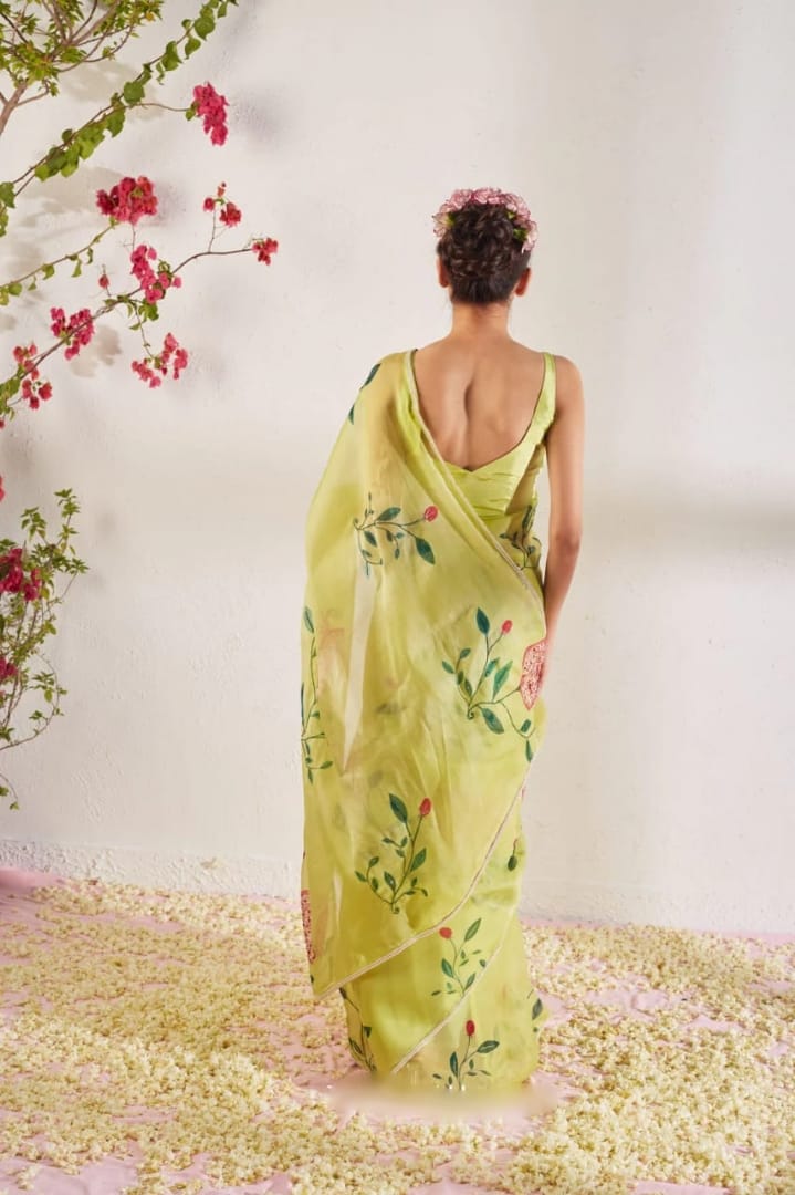 New One Minute Ready To Wear Soft Organza Silk Saree with Beautiful Hand Worked Moti And Val Work With Same Handworked Stiched Blouse