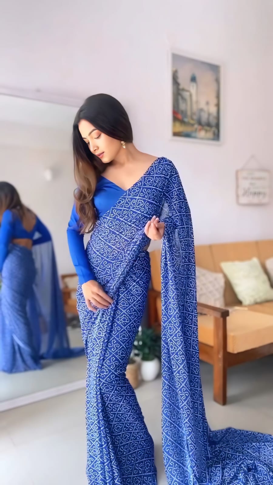 New One Minute Ready To Wear Pure Soft Georgette Silk Bandhani Designed Blue Saree With Same Model Unstiched Blouse Piece