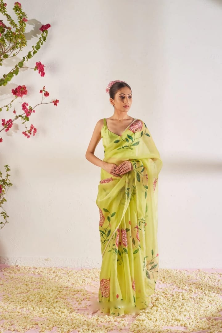 New One Minute Ready To Wear Soft Organza Silk Saree with Beautiful Hand Worked Moti And Val Work With Same Handworked Stiched Blouse