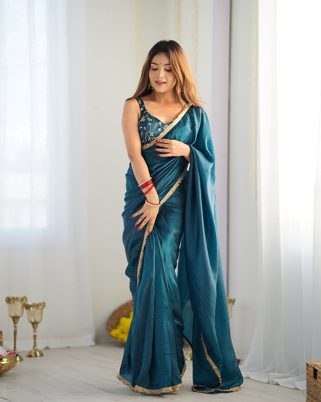 New One Minute Ready To Wear Pure Soft Gold Crush Silk Blue Saree With Beautiful Gold Colour Lace Border With Same Design Full Stiched Blouse