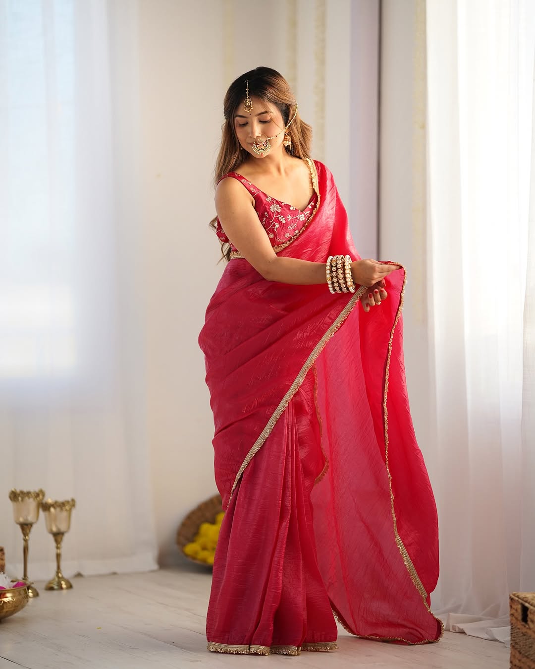 New One Minute Ready To Wear Pure Soft Gold Crush Silk Pink Saree With Beautiful Gold Colour Lace Border With Same Design Full Stiched Blouse