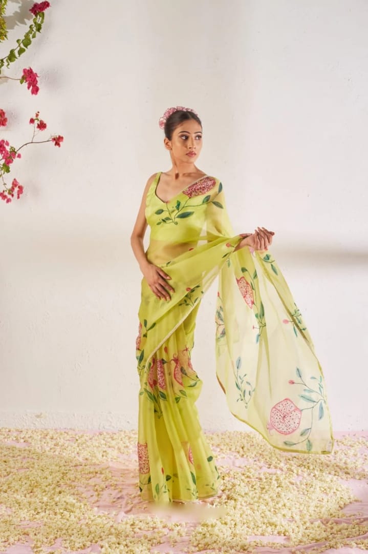 New One Minute Ready To Wear Soft Organza Silk Saree with Beautiful Hand Worked Moti And Val Work With Same Handworked Stiched Blouse