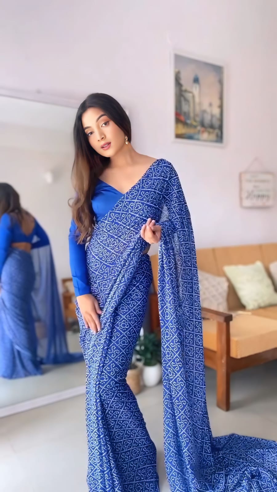 New One Minute Ready To Wear Pure Soft Georgette Silk Bandhani Designed Blue Saree With Same Model Unstiched Blouse Piece