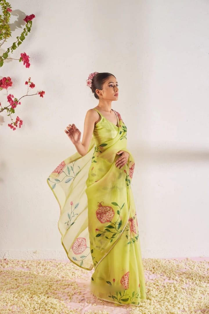 New One Minute Ready To Wear Soft Organza Silk Saree with Beautiful Hand Worked Moti And Val Work With Same Handworked Stiched Blouse