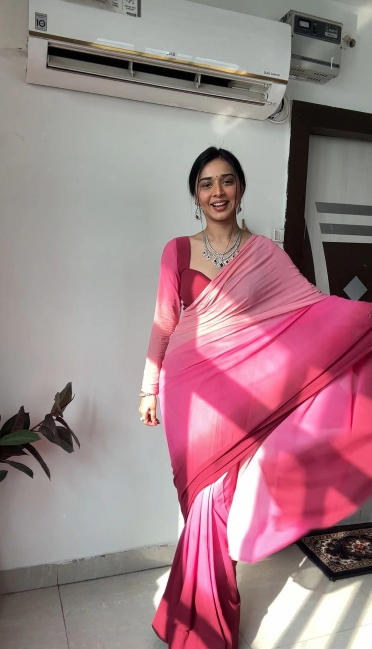 One Minute Ready To Blossom Pink Pure Soft Georgette Silk Saree