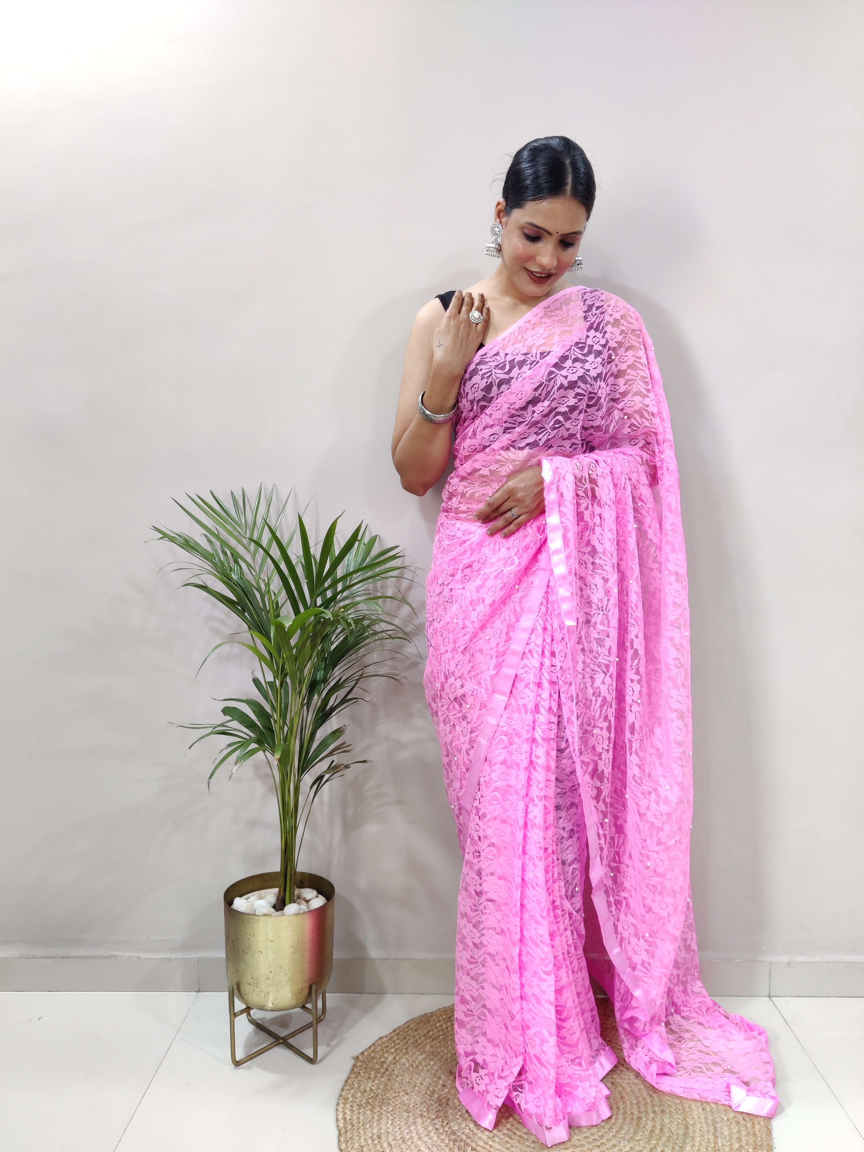 New Fancy Net Braso Baby Pink Saree With Unstiched Blouse