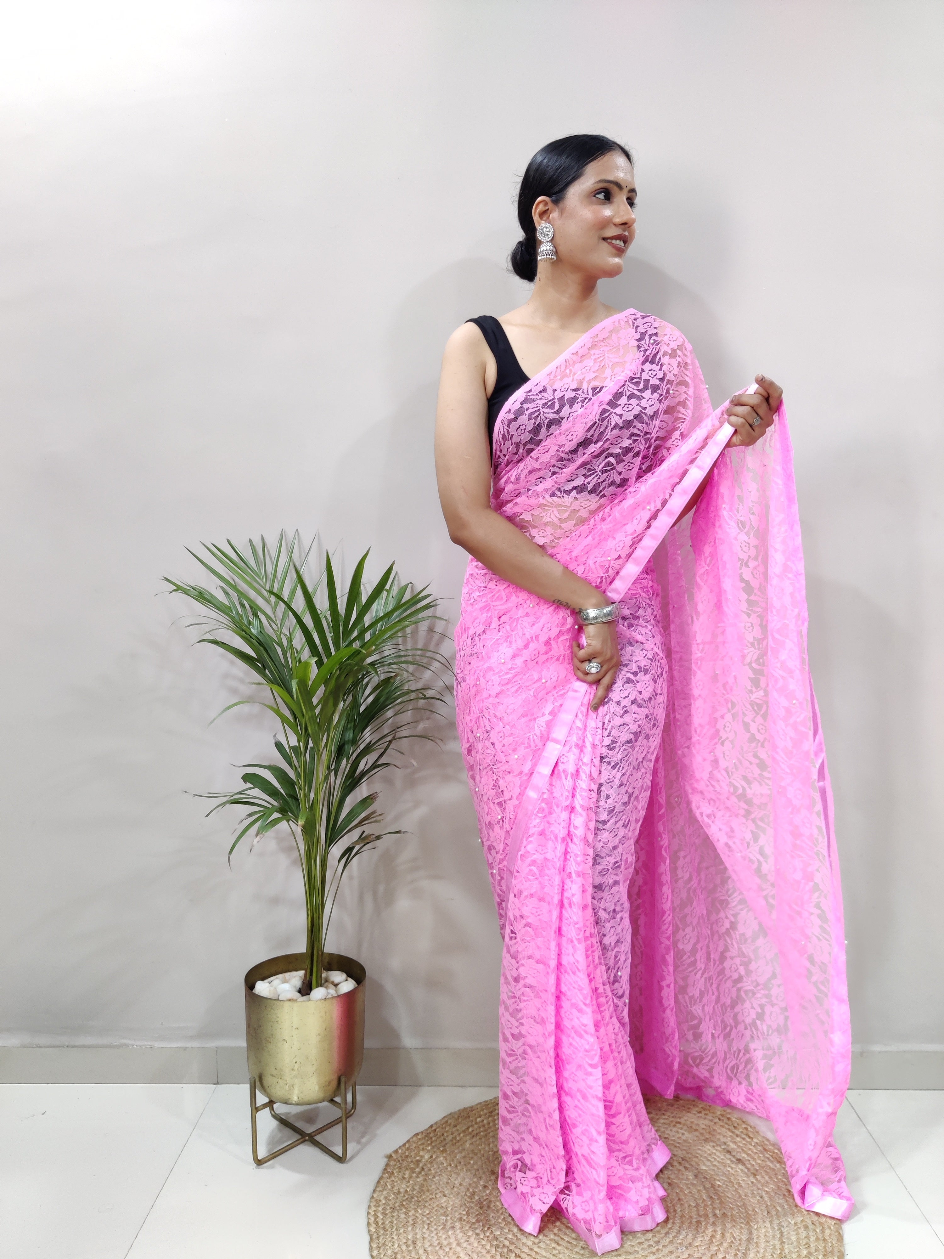 New Fancy Net Braso Baby Pink Saree With Unstiched Blouse