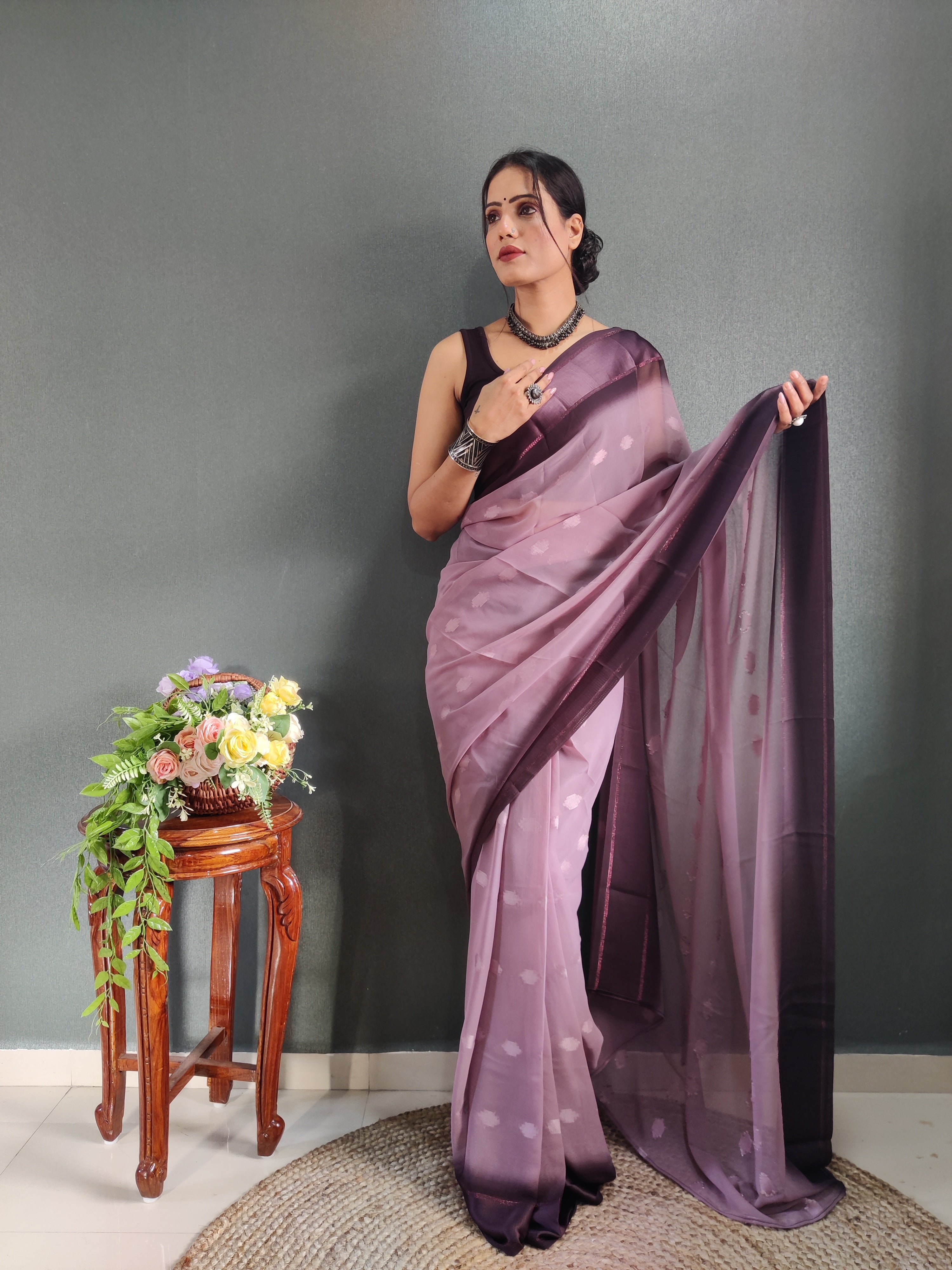 Pending Buti Print One Minute Ready To Wear Wine Saree With Unstiched Blouse