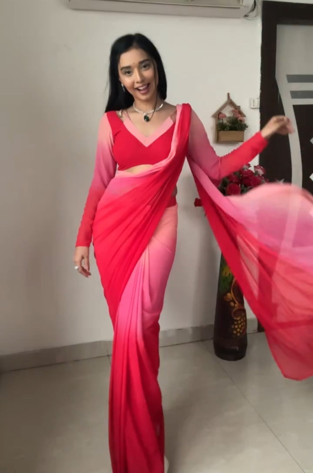 One Minute Ready To Rose Attire Wrap Pure Soft Georgette Silk Saree