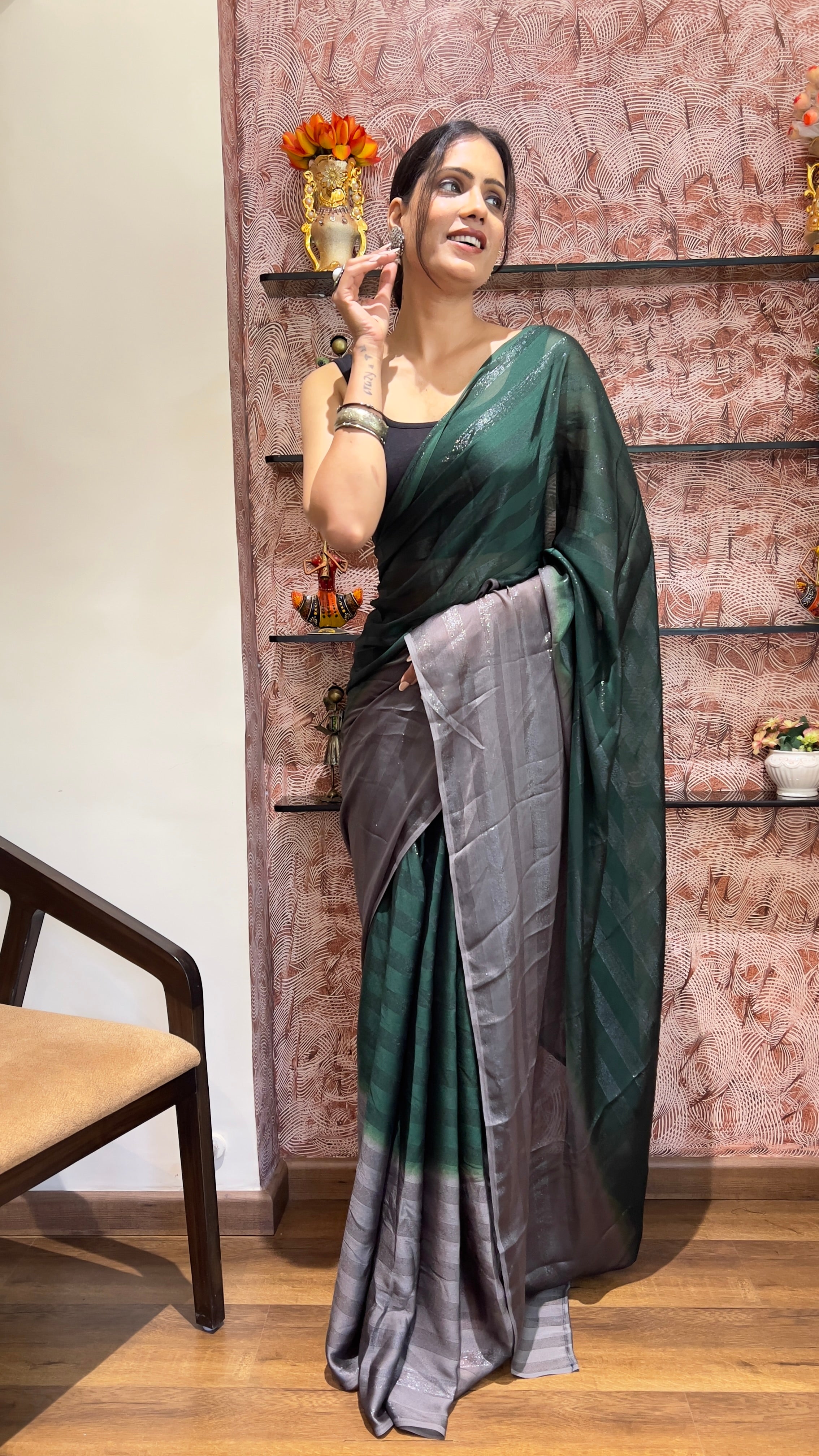 One Minute Ready To Wear New Premium Quality InnovativeGlow Nylone Rimzim saree
