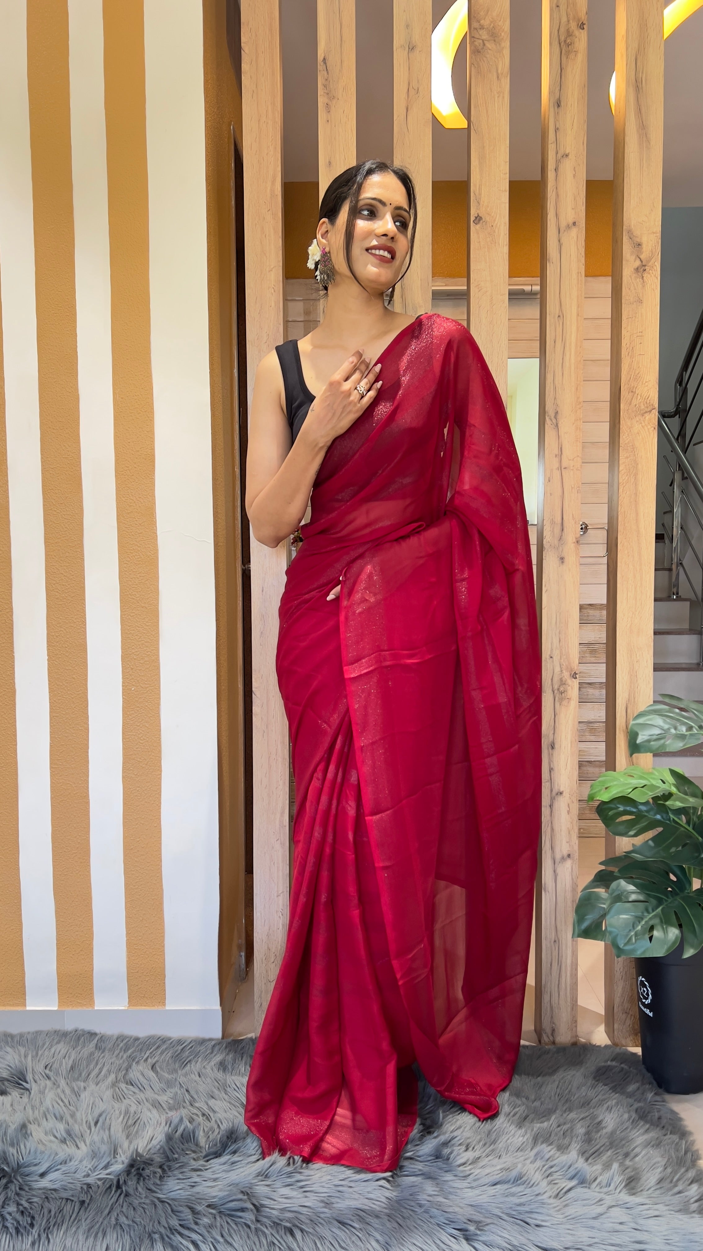 Dhavani One Minute Ready To Wear Red Saree With Unstiched Blouse
