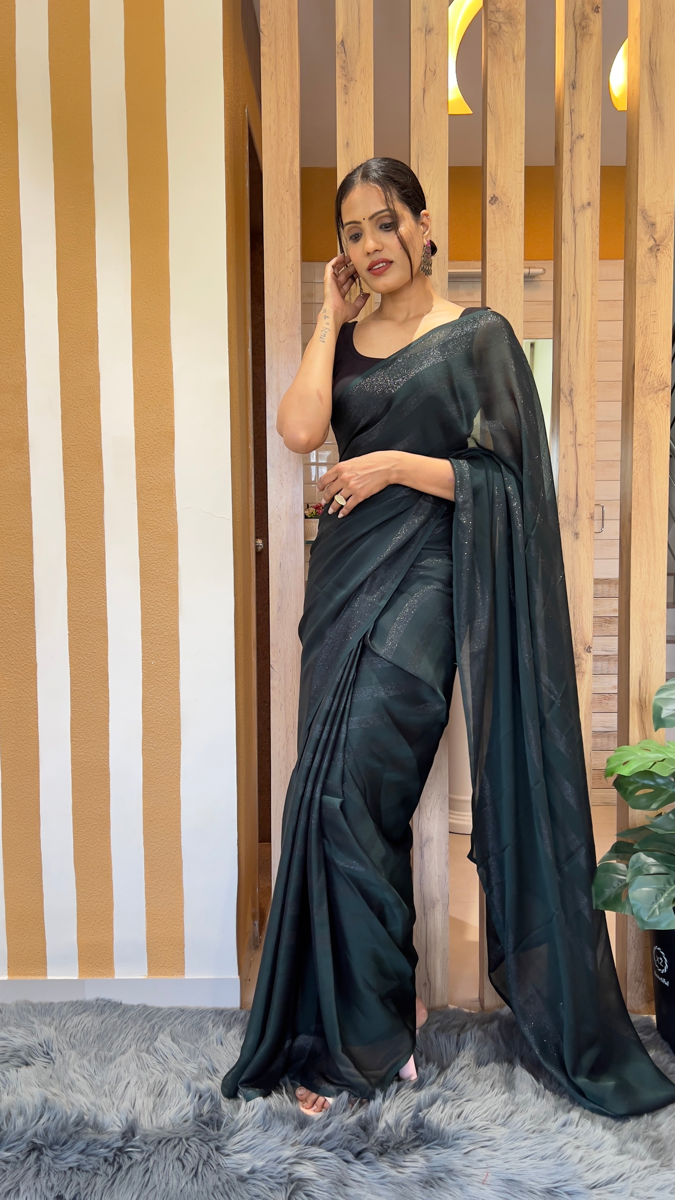 One Minute Ready To Wear New Premium Quality Green Dark Drapery Nylone Rimzim saree