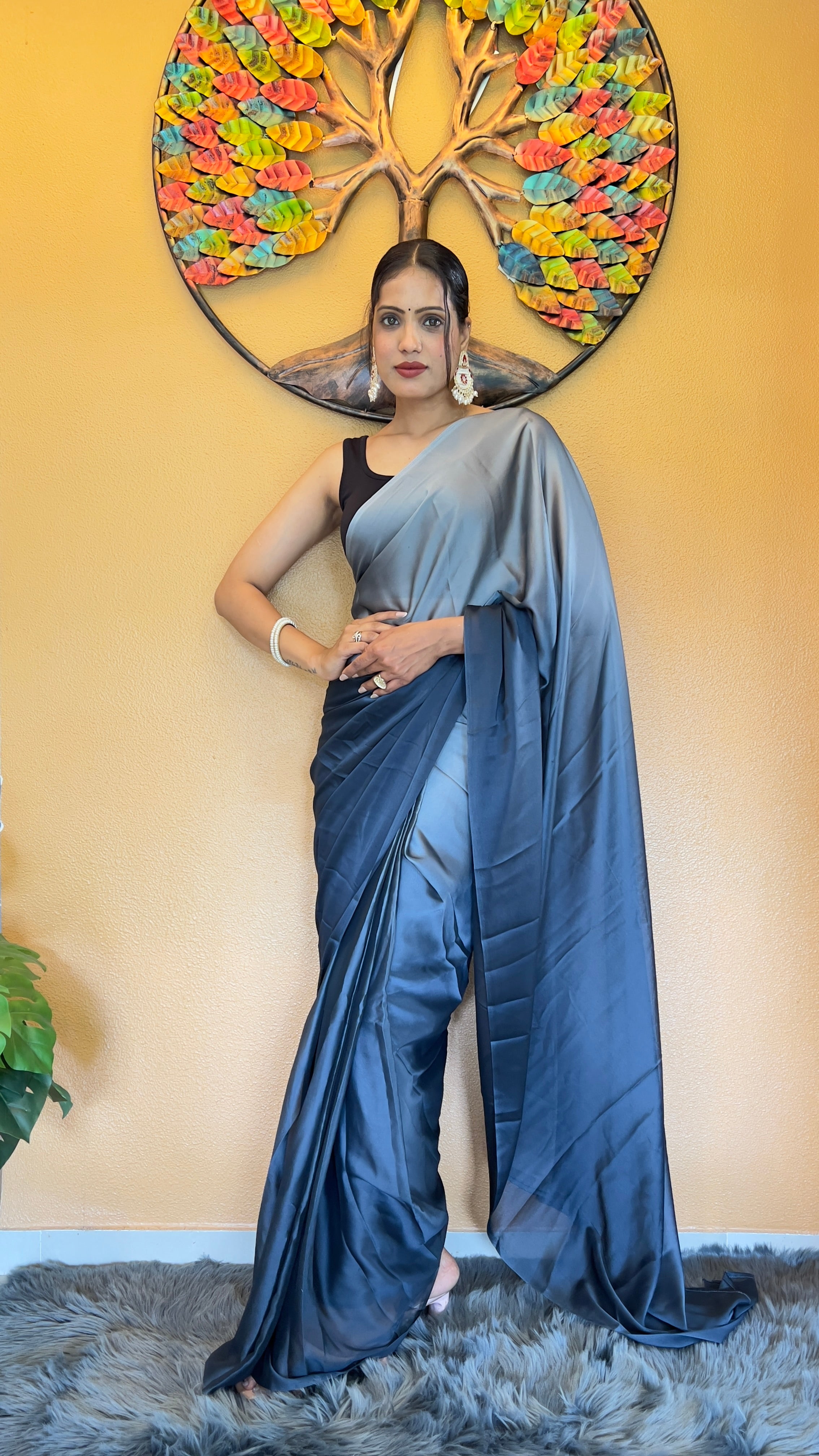 Bansuri One Minute Ready To Wear Navy Blue Saree With Unstiched Blouse