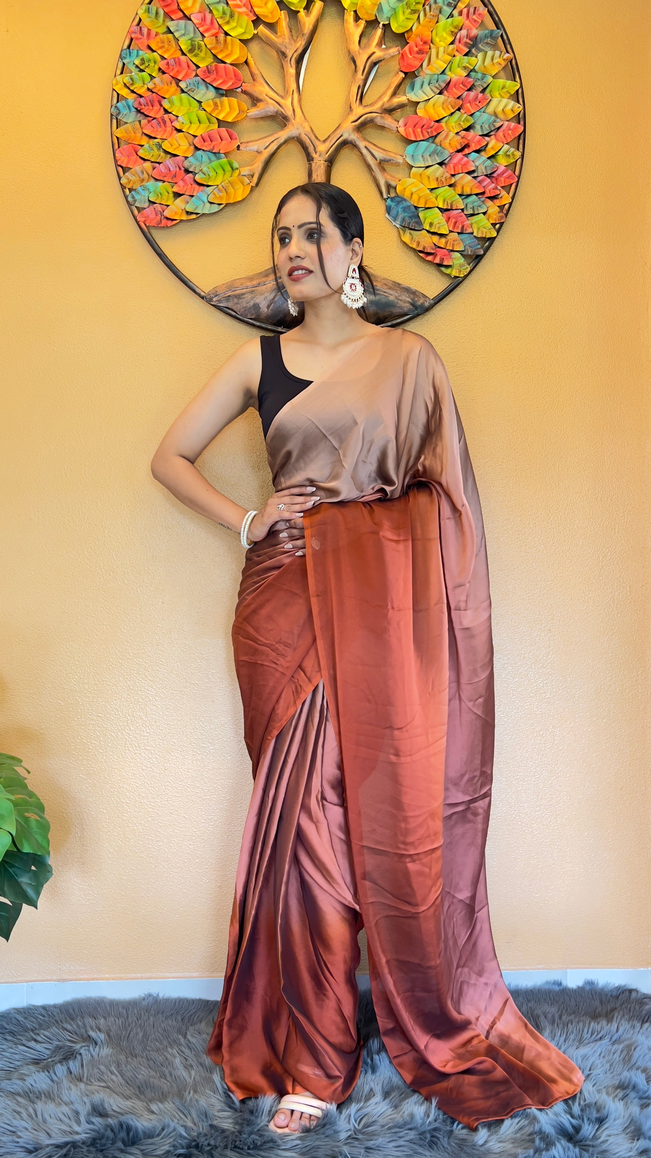 Bansuri One Minute Ready To Wear Rusty Orange Saree With Unstiched Blouse