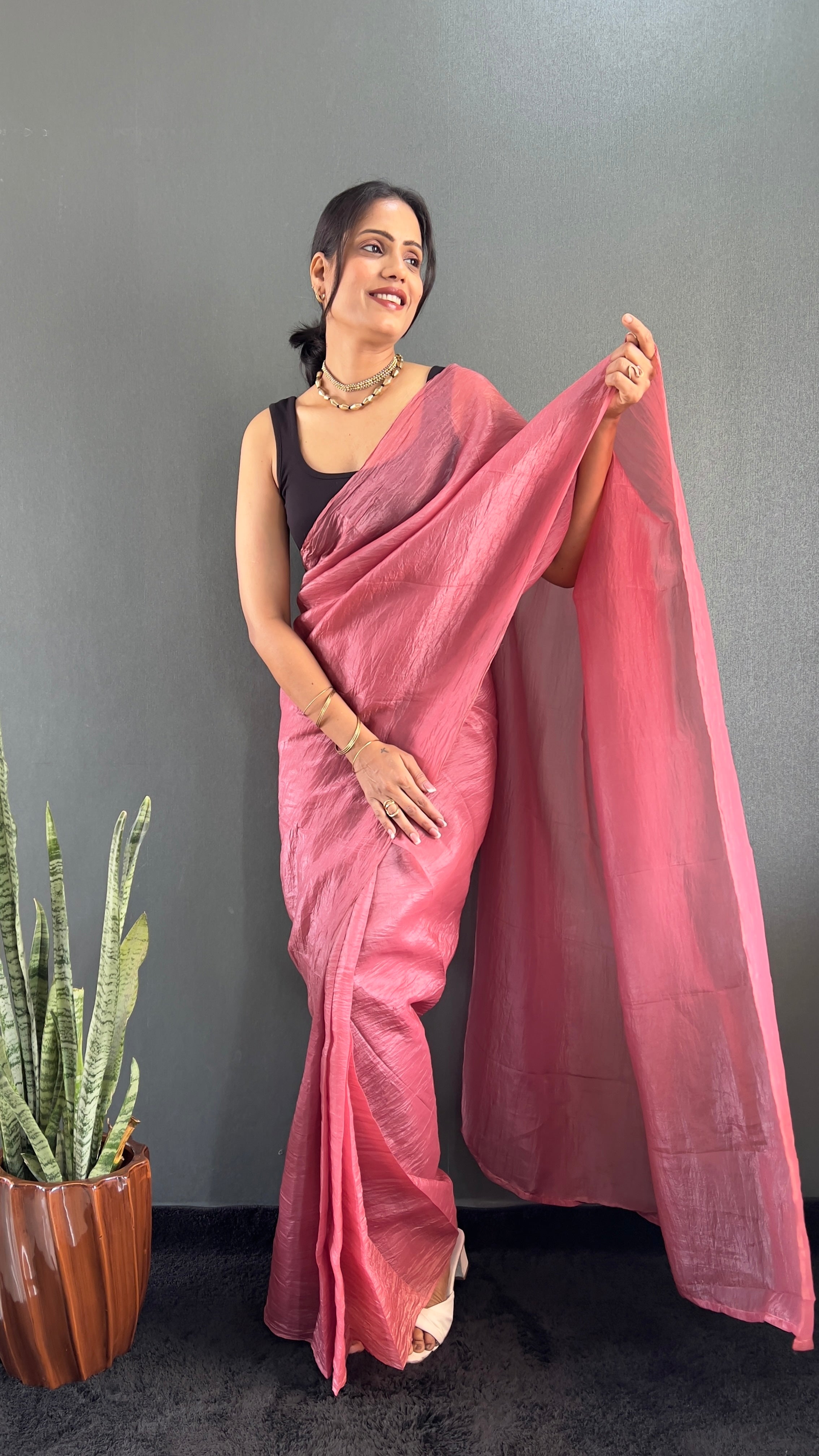 Crush One Minute Ready To Wear Pink Saree With Unstiched Blouse