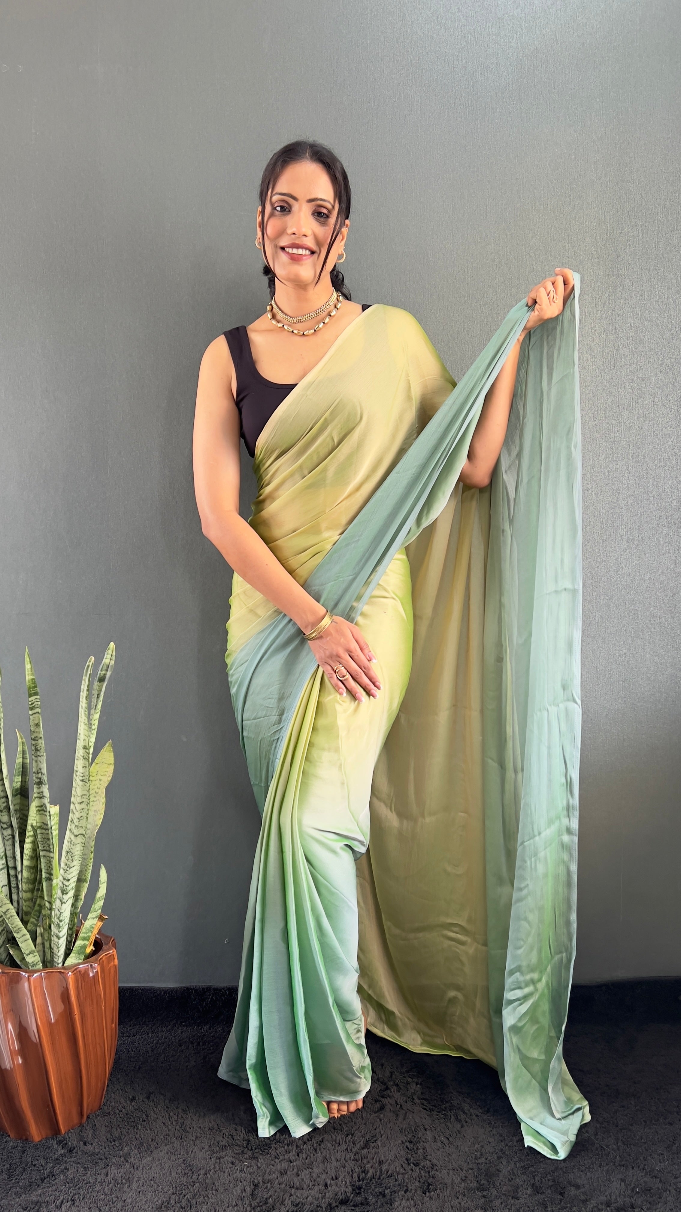 New One Minute Ready To Wear Yellow-Green Saree With Unstiched Blouse