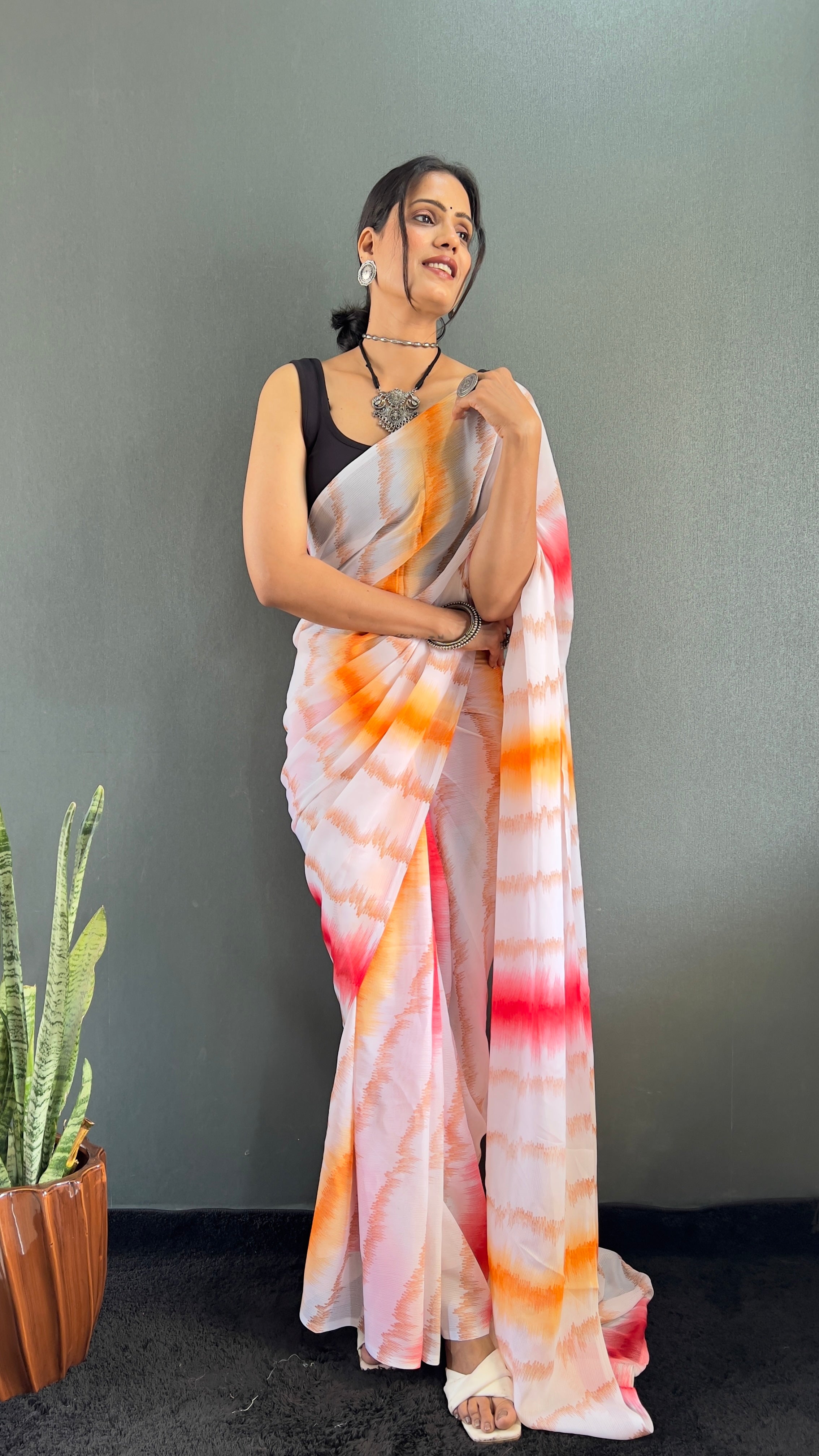 Anica One Minute Ready To Wear Red-Orange Saree With Unstiched Blouse