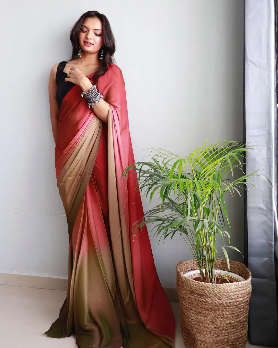One Minute Ready to Wear New Looking Red violet Saree Divashree