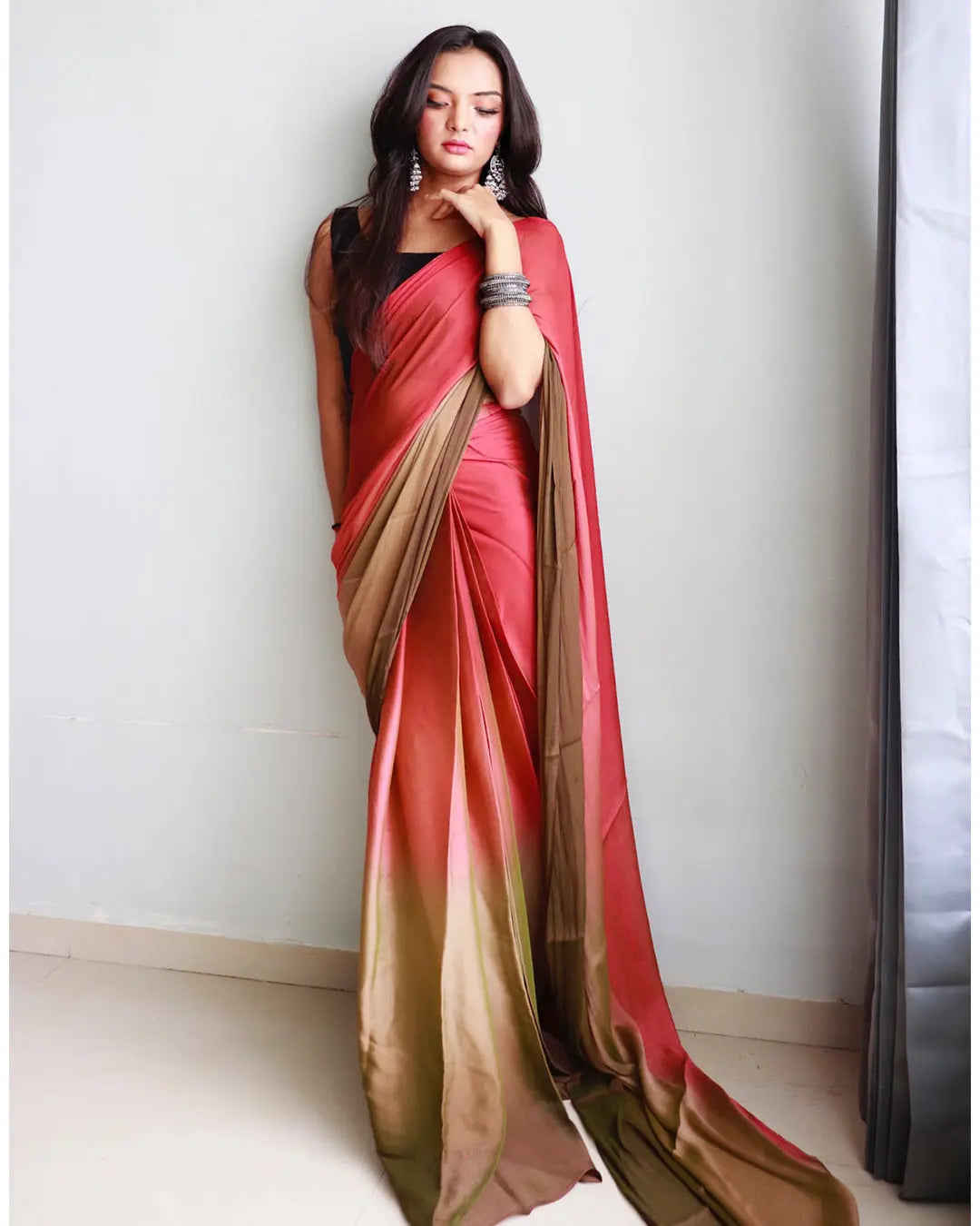 One Minute Ready to Wear New Looking Red violet Saree Divashree