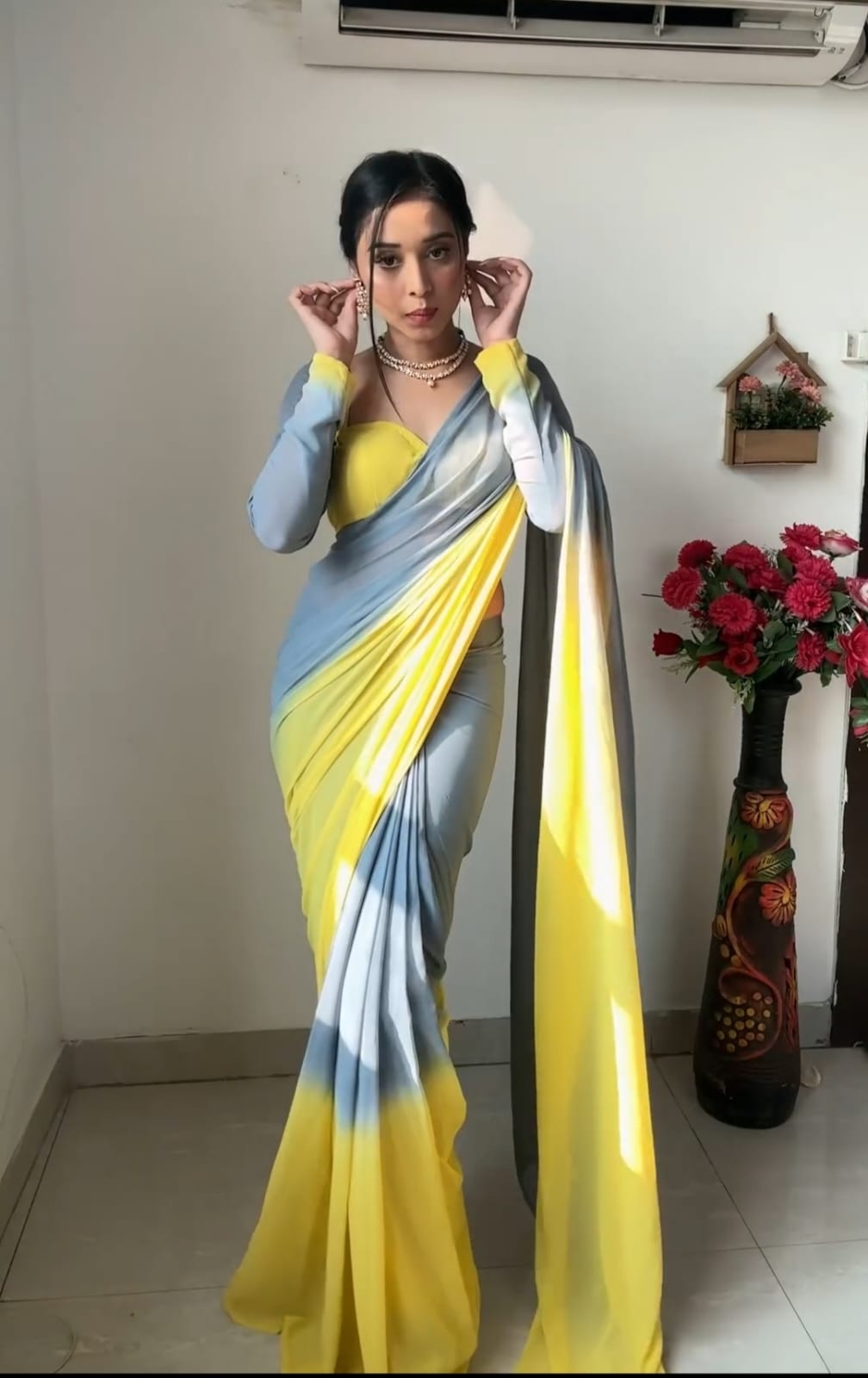 One Minute Ready To Wear Magenta Glamour Georgette Silk ;Saree