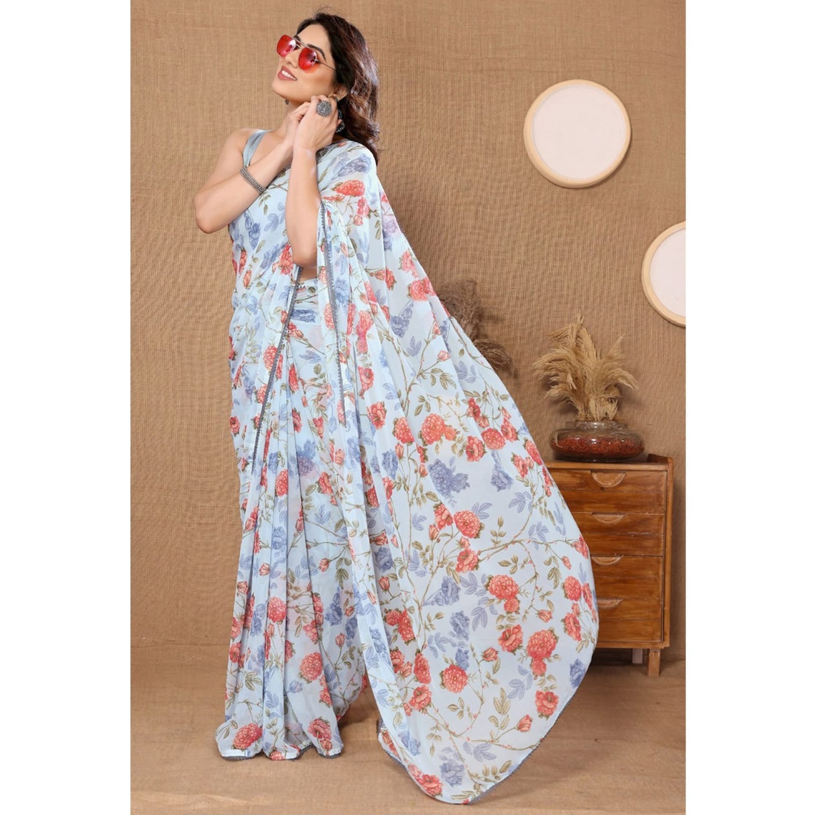 One Minute Ready To Wear Oceanic Blossom Pure Soft Georgette Silk Saree