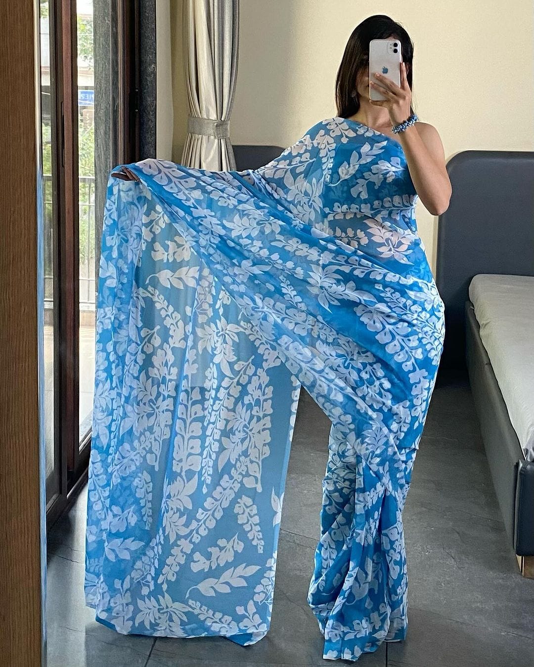 One Minute Ready To Majestic Blue Grass Pure Soft Georgette Silk Saree