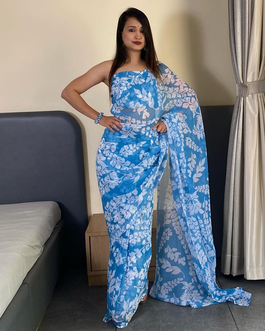 One Minute Ready To Majestic Blue Grass Pure Soft Georgette Silk Saree