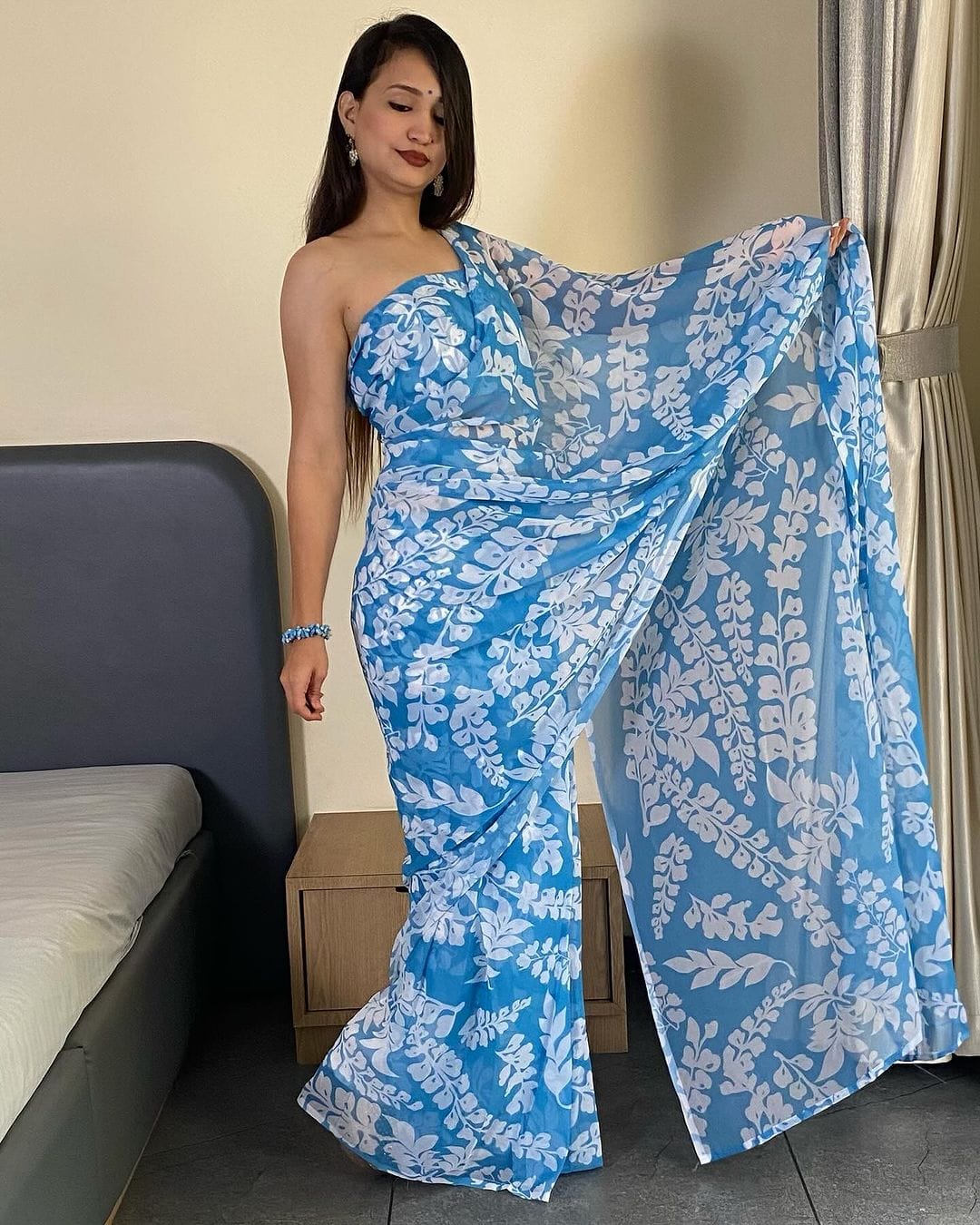 One Minute Ready To Majestic Blue Grass Pure Soft Georgette Silk Saree