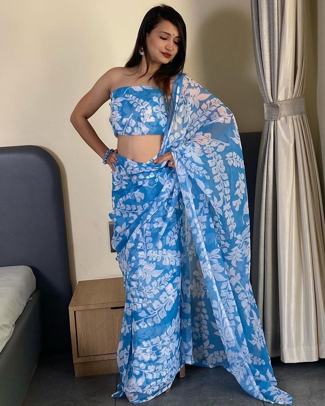 One Minute Ready To Majestic Blue Grass Pure Soft Georgette Silk Saree