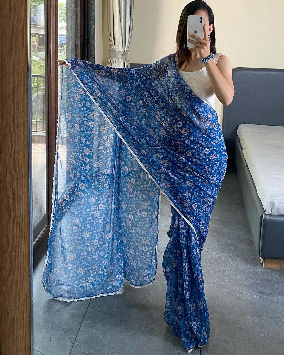 One Minute Ready To Blue Grass  Pure Soft Georgette Silk Saree