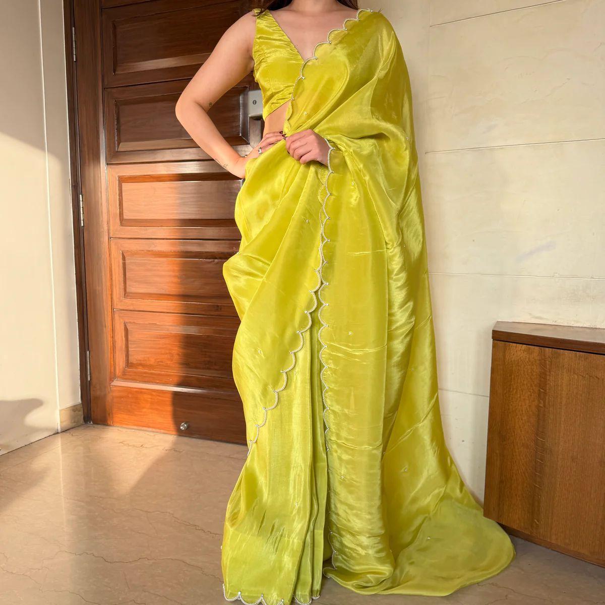 New One Minute Ready To Wear Pure Soft Chinnon Silk Saree With Same Colour stiched Blouse