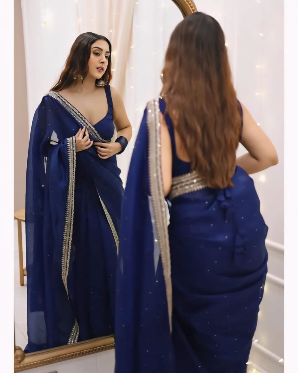 New One Minute Ready To Wear Pure Soft Organza Silk Saree With Beautiful Diamond Work On Full Body And Beautiful Embroidery Lace Border with Same Unstiched Blouse Piece
