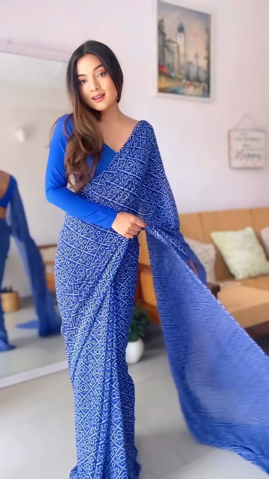 New One Minute Ready To Wear Pure Soft Georgette Silk Bandhani Designed Blue Saree With Same Model Unstiched Blouse Piece